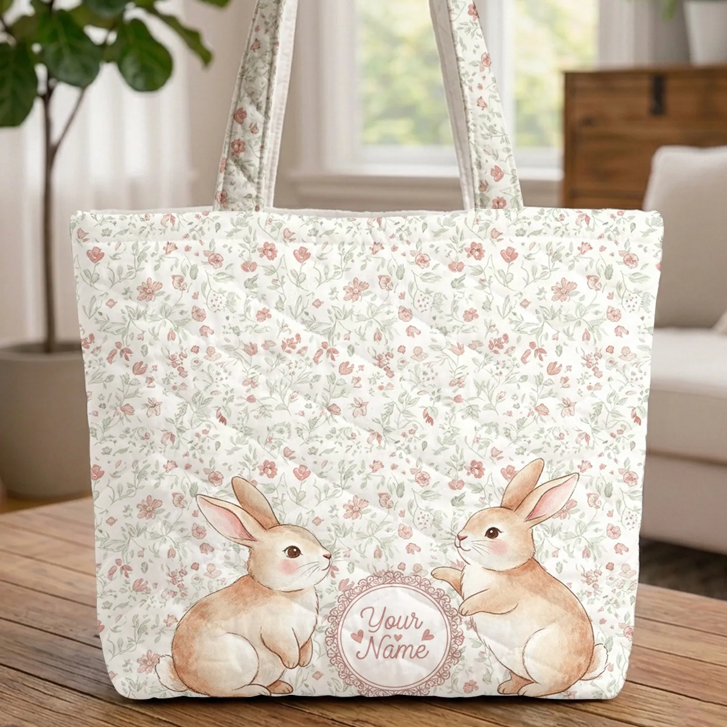 Adorable Bunnies Wildflowers Gentle Everyday Gift Quilted Tote Bag - 1