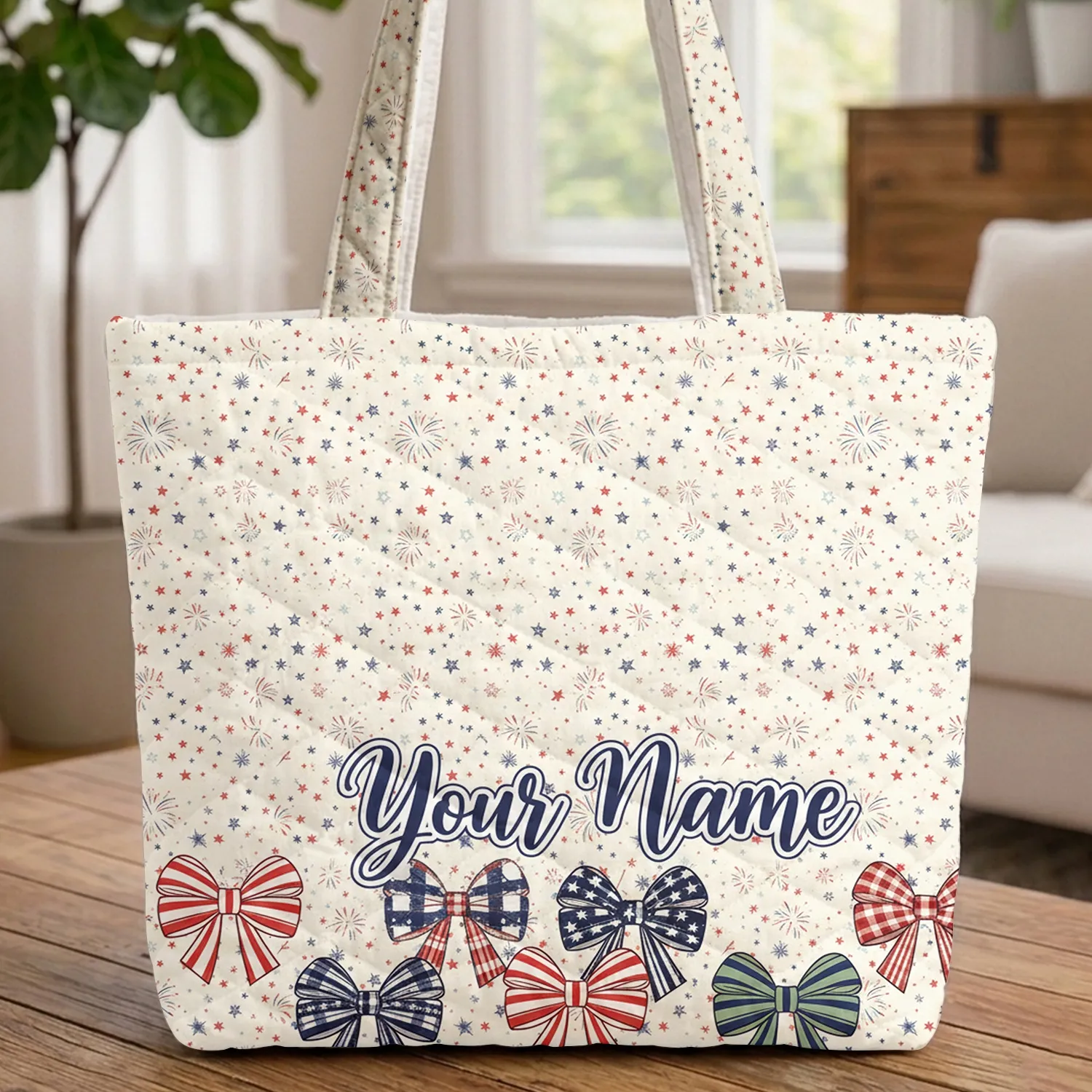 Patriotic Bows Stars Fireworks Confetti Fourth of July Celebration Quilted Tote Bag - 1