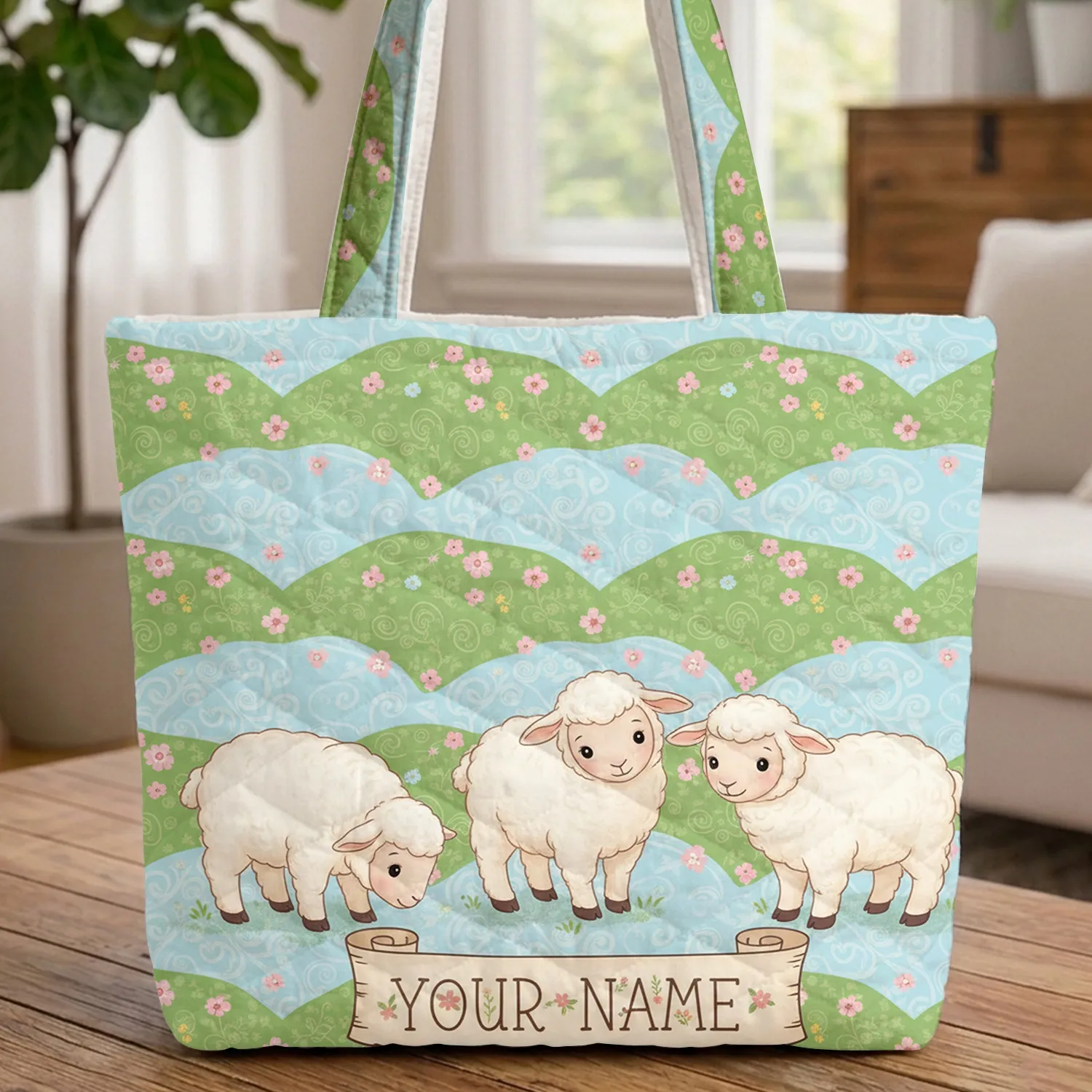 Adorable Lambs Wildflower Rolling Hills - Springtime Home Decor Gift Quilted Tote Bag - 1