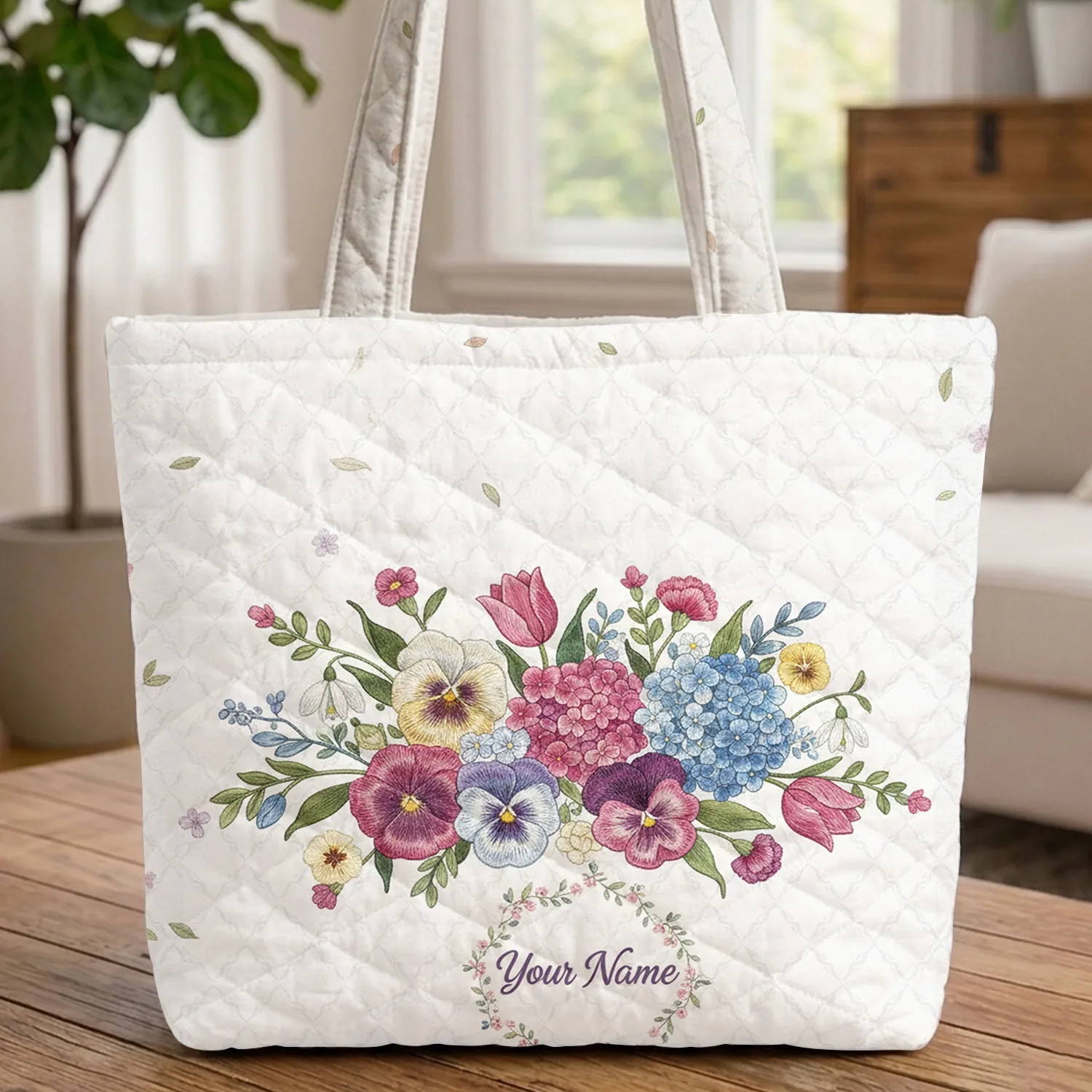 Interlocking Lattice Spring Flowers Bouquet Floral Wreath Tiny Florets - Everyday Tote Quilted Tote Bag - 1