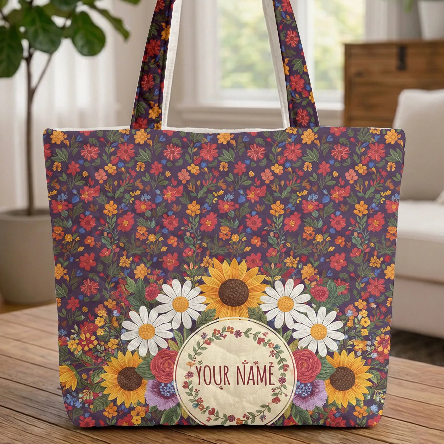 Daisies Sunflowers Children's Book Folk Art Wildflower Name Wreath - Everyday Nature Gift Quilted Tote Bag - 1