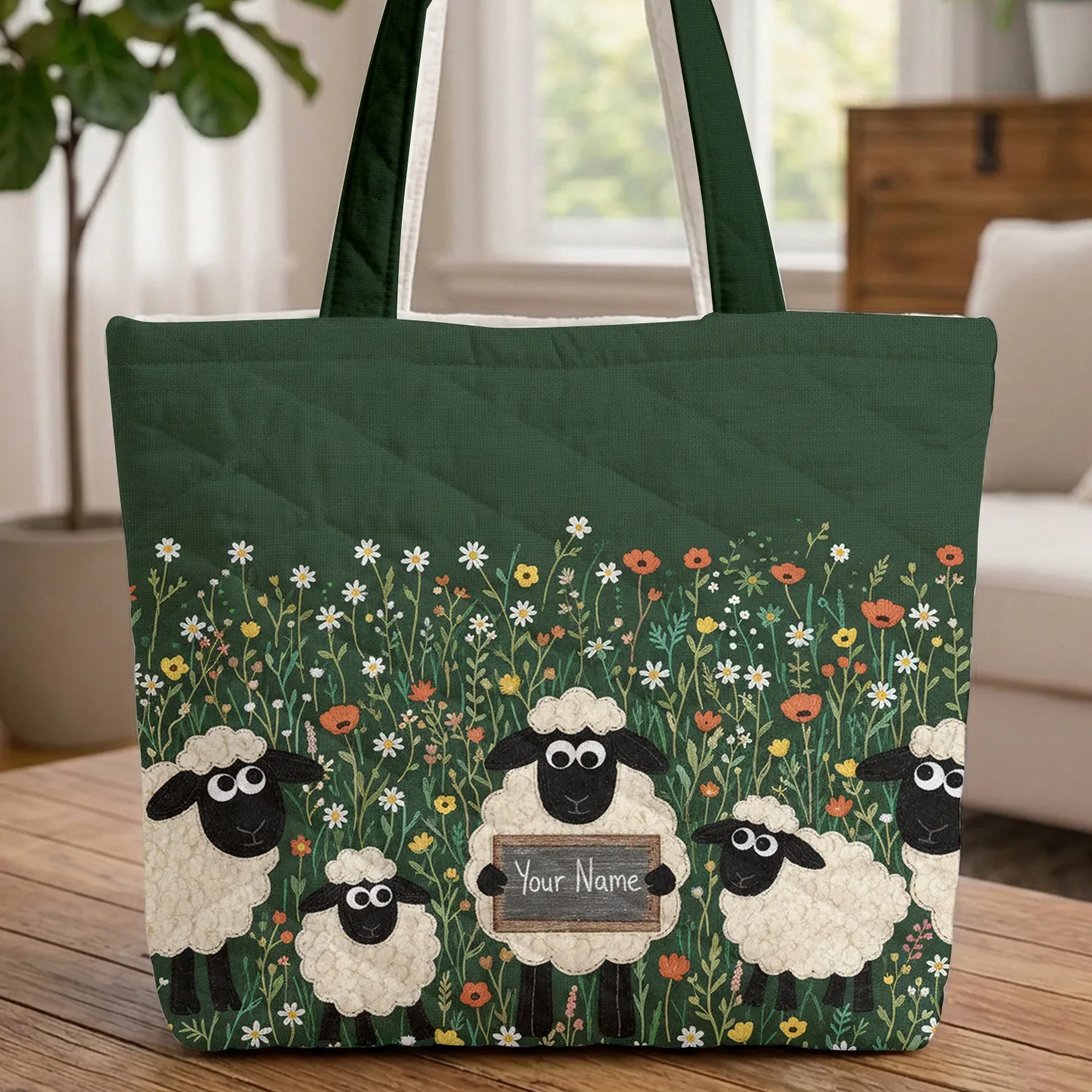 Five Sheep Googly Eyes Wildflower Meadow Personalized Name Wood Sign - Sheep Lover Gift Quilted Tote Bag - 1