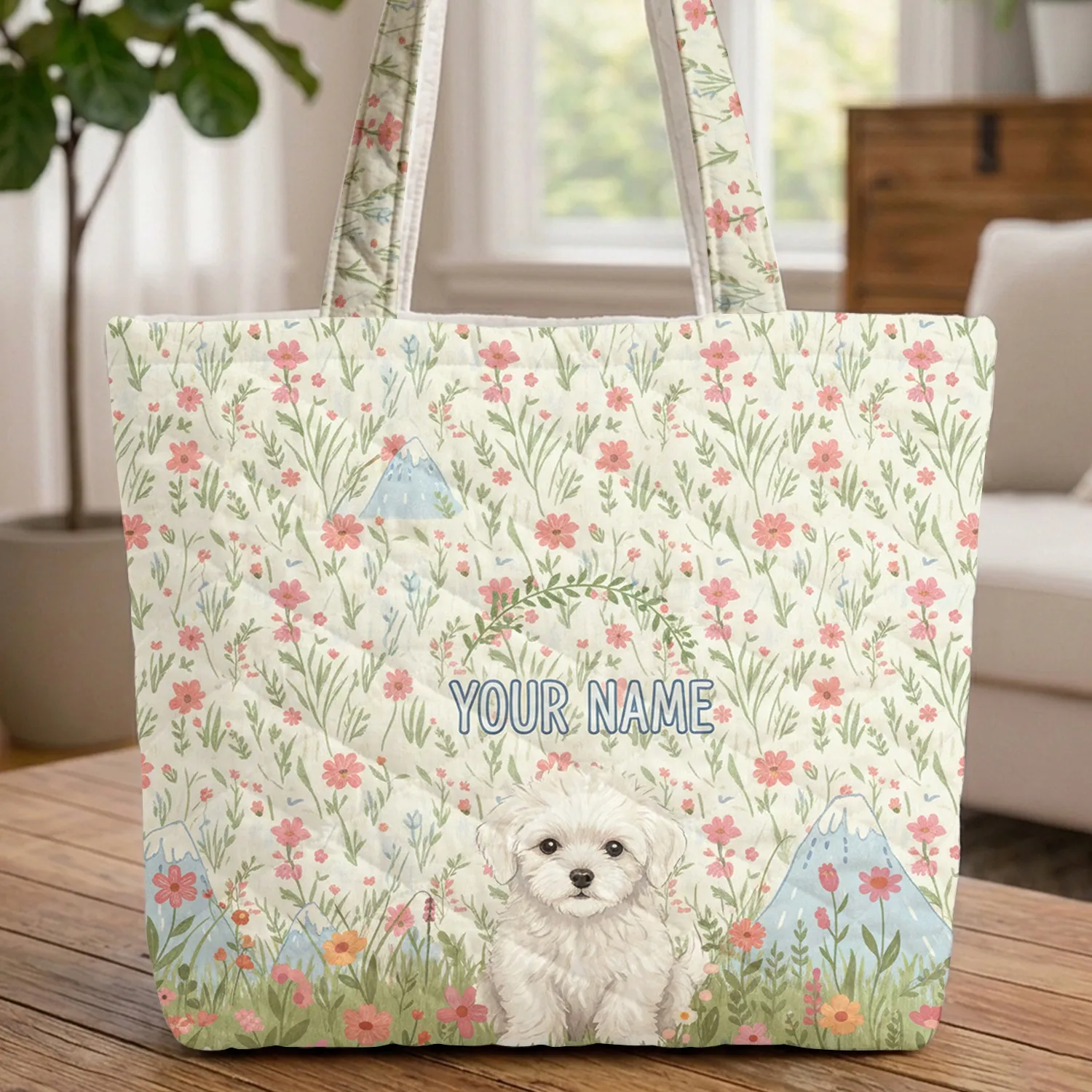 Personalized Fluffy Puppy Wildflower Mountain Meadow - Everyday Carry Dog Lover Gift Quilted Tote Bag - 1
