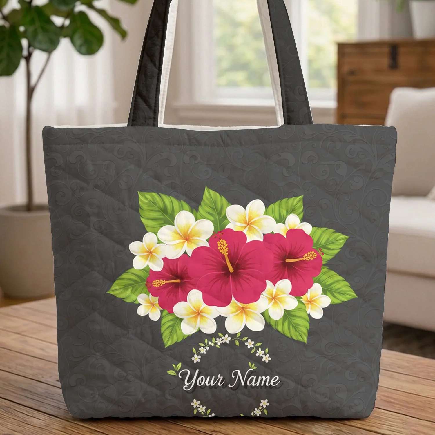 Organic Vine Tropical Hibiscus Plumeria Botanical Wreath - Everyday Tote Gift Quilted Tote Bag - 1