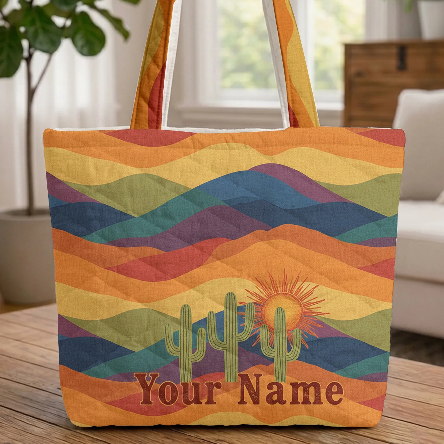Western Cowboy Saguaro Cacti Desert Mountains Sun Warm Desert Sky Everyday Tote Quilted Tote Bag - 1