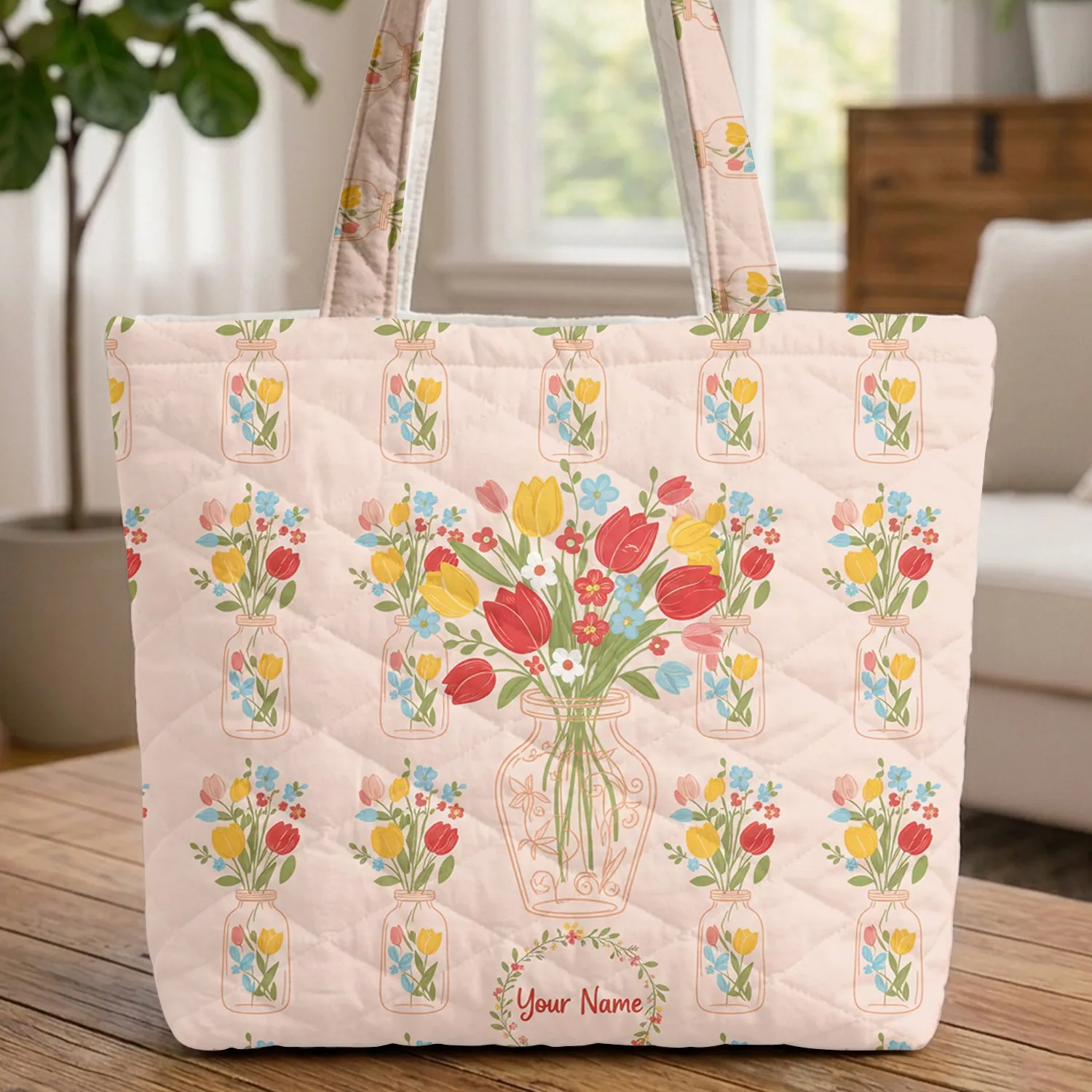Personalized Tulip Wildflower Jar Bouquet Wreath - Flower Lover Everyday Gift Quilted Tote Bag - 1