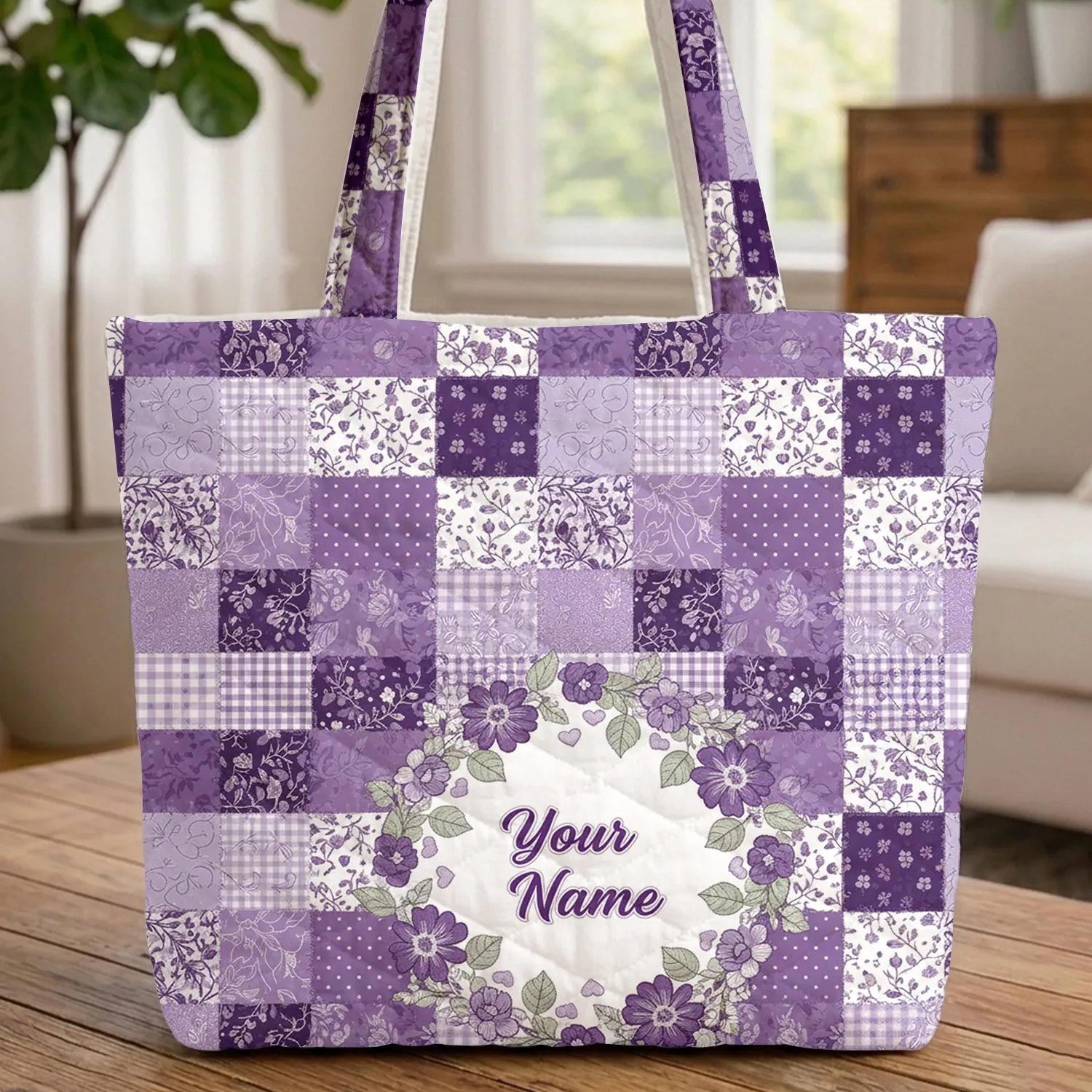 Lavender Plum Floral Wreath Heart Accents Patchwork - Daily Essentials Carryall Quilted Tote Bag - 1