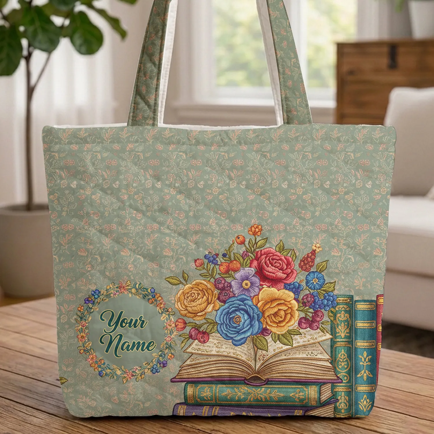 Ornate Open Book Floral Berries Vintage Books - Literary Home Decor Gift Quilted Tote Bag - 1