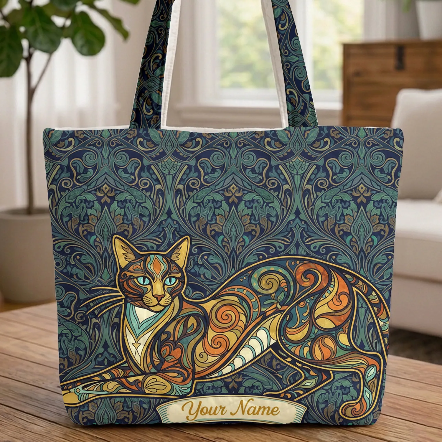 Elegant Stretching Cat Organic Paisley Swirl Flourishes - Cat Lover Home Decor Everyday Tote Quilted Tote Bag - 1