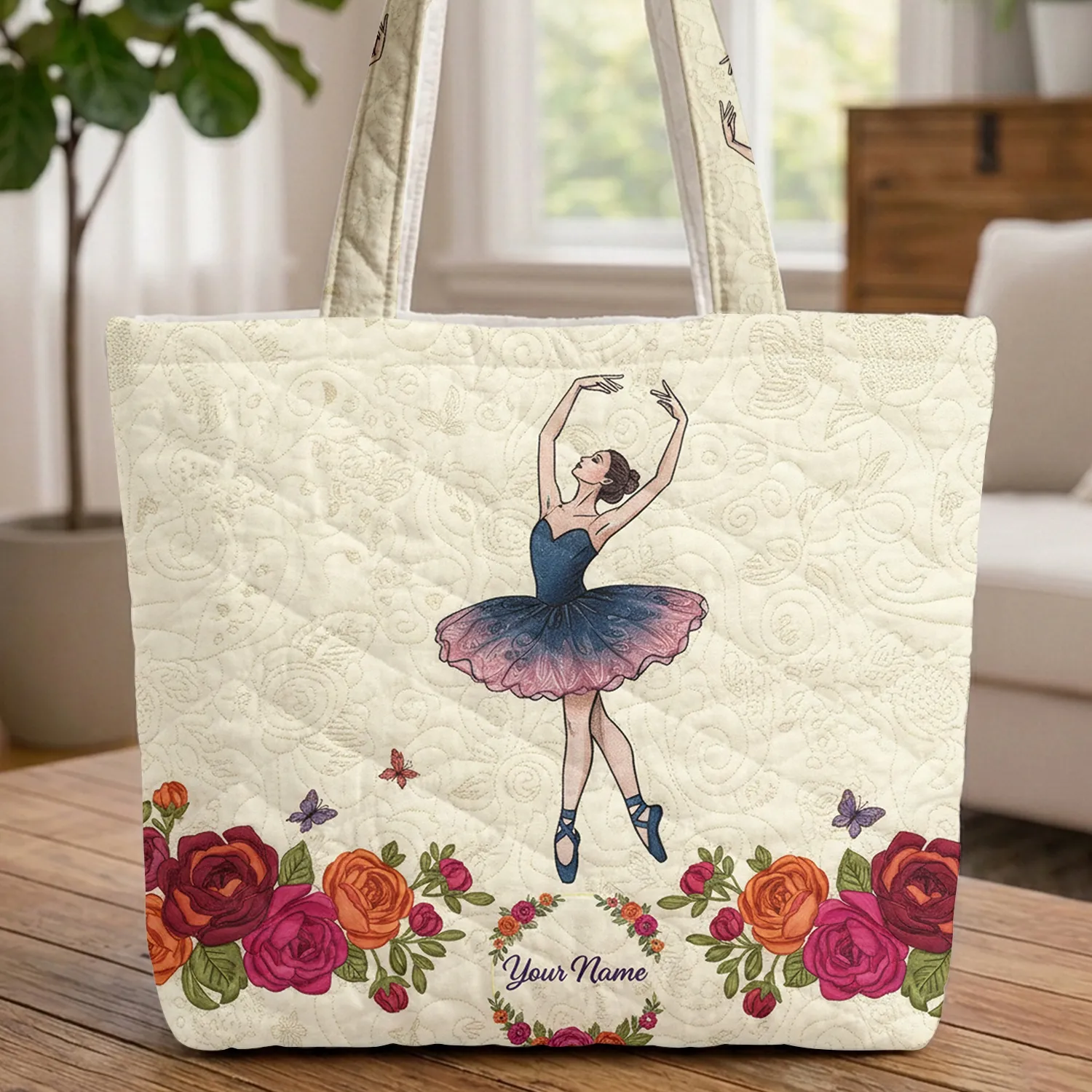 Ballerina Ribbon Floral Quilted - Ballet Dance Lover Gift Quilted Tote Bag - 1