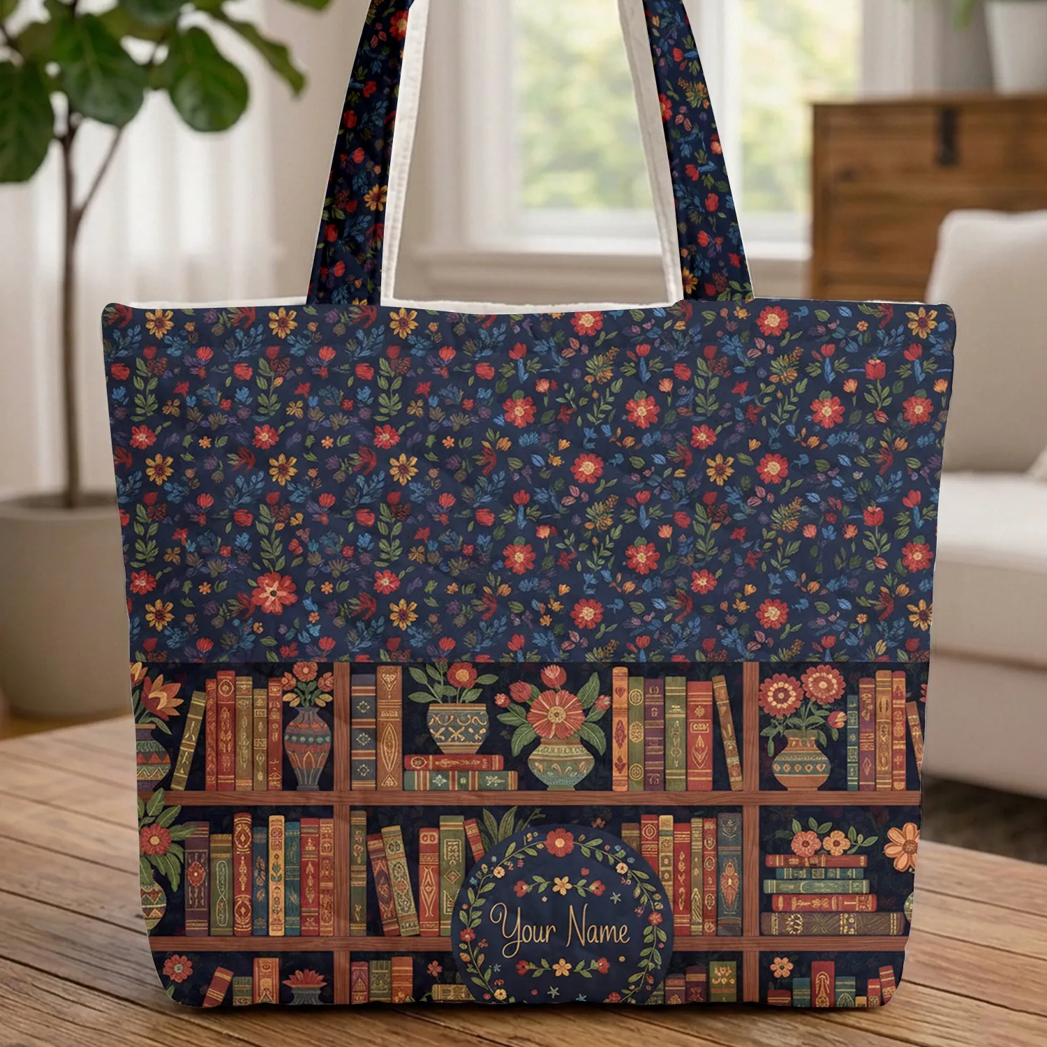 Folk Art Floral Bookshelf Personalized Name Wreath Home Decor Gift for Book Lover Quilted Tote Bag - 1