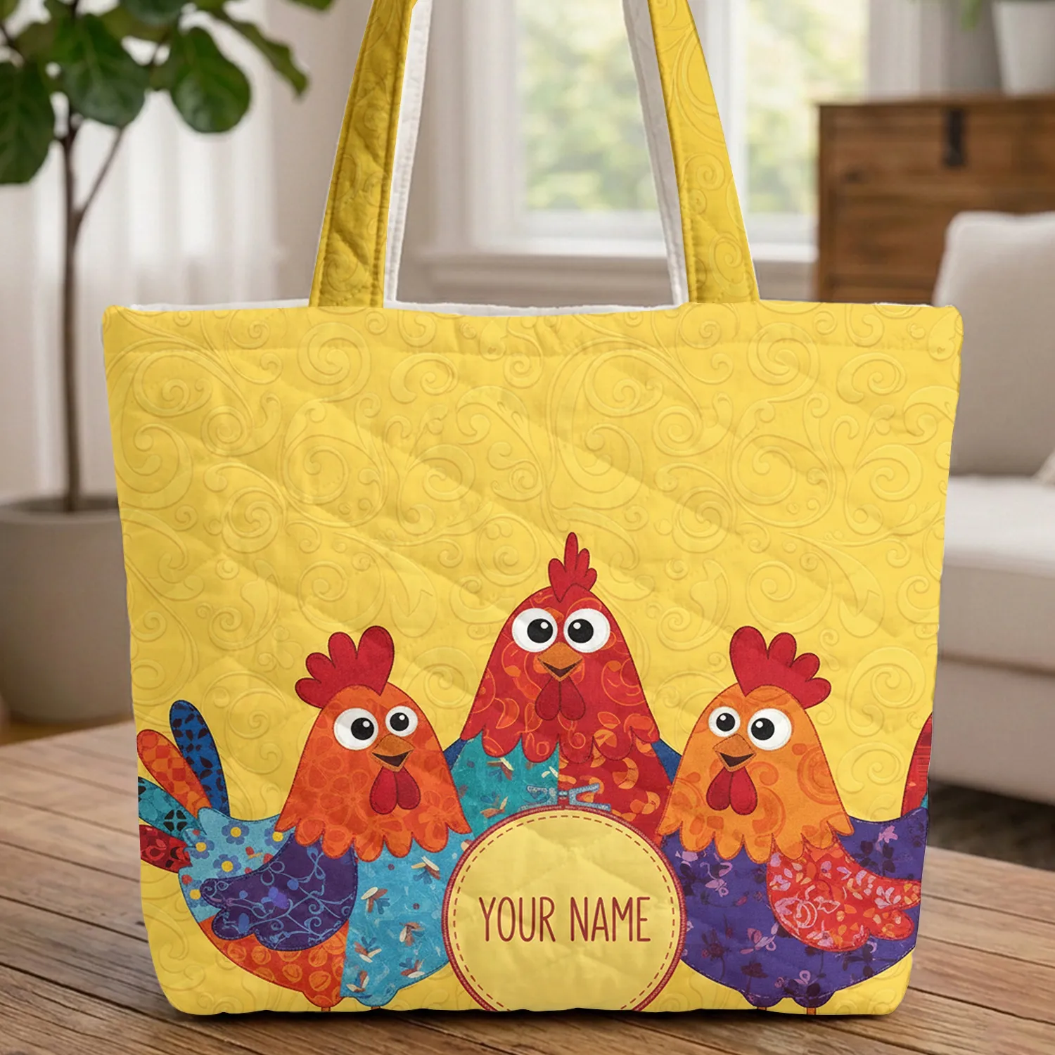 Cheerful Patchwork Chickens Personalized Name - Farmhouse Everyday Carry Gift Quilted Tote Bag - 1