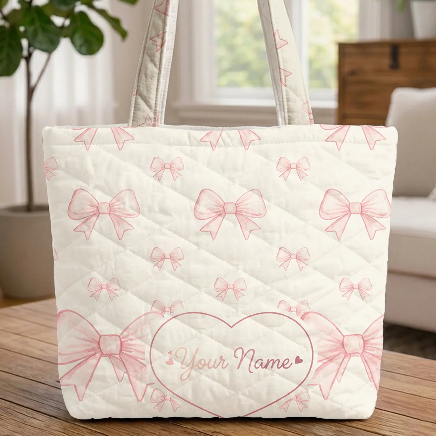 Light Pink Bows Heart Name - Thoughtful Gift for Her, Well-Suited for Everyday Use Quilted Tote Bag - 1
