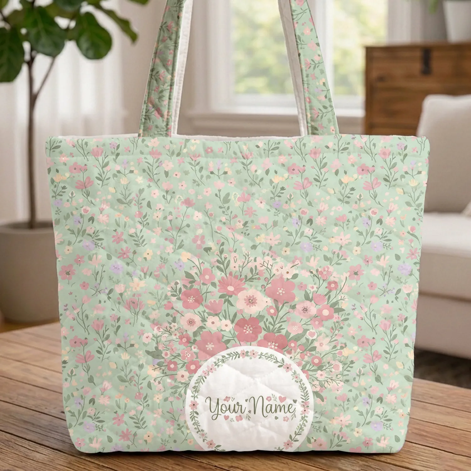 Wildflower Leaf Bouquet Name Wreath - Children's Everyday Carryall Gift Quilted Tote Bag - 1