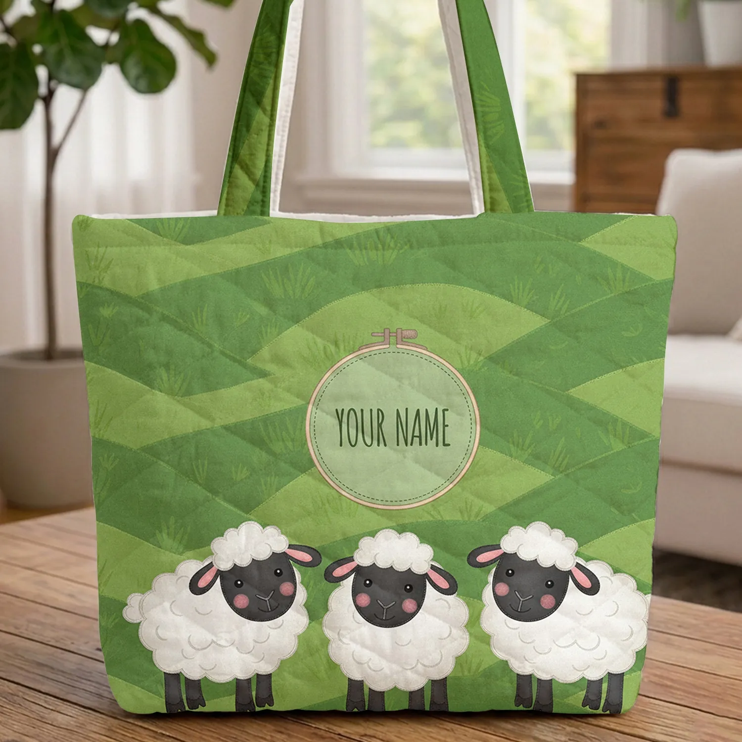 Three Sheep Rolling Hills Name Hoop - Baby Shower Gift for Child Quilted Tote Bag - 1