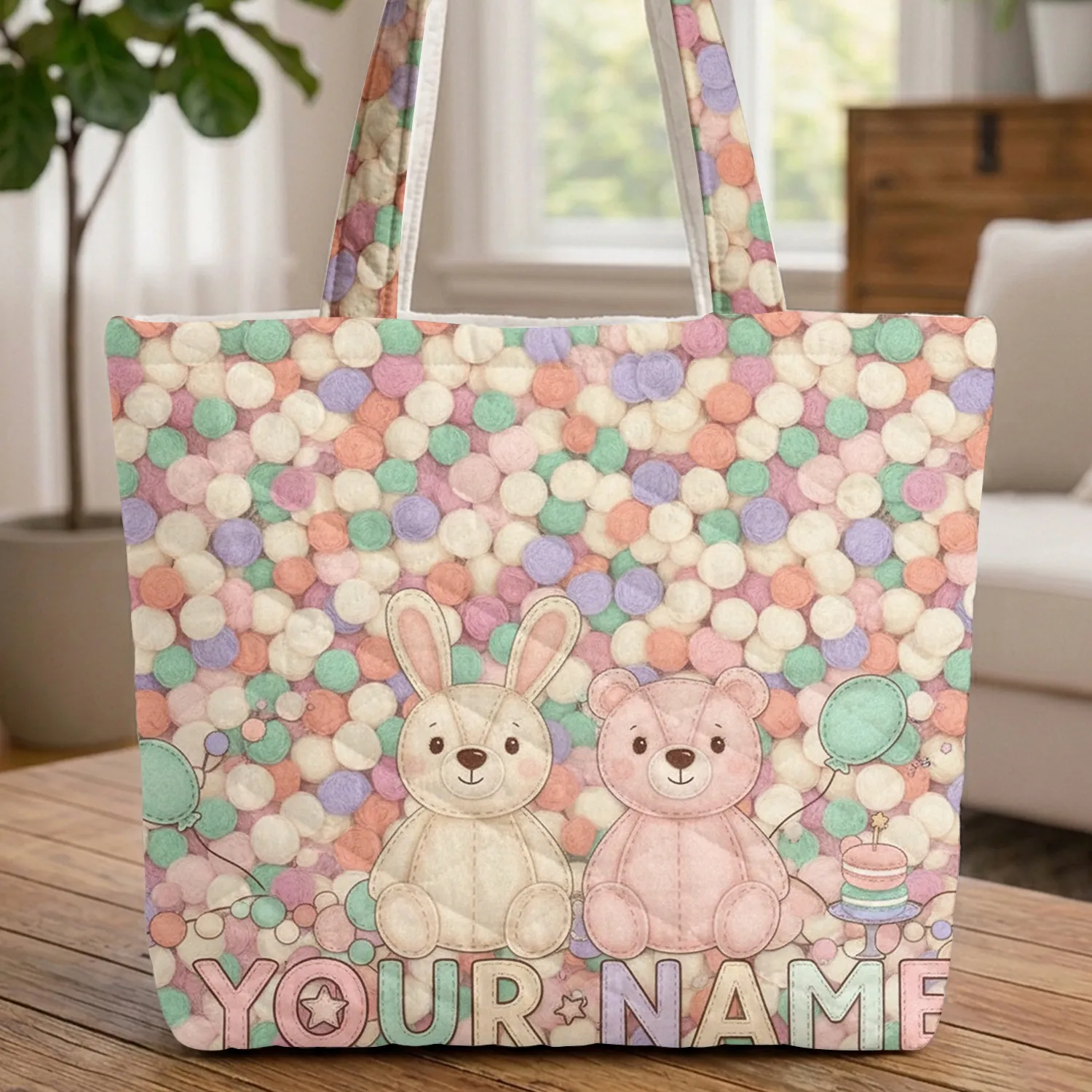 Plush Toy Bunny Bear Felt Ball Macarons Balloons - Nursery Decor Baby Shower Gift Quilted Tote Bag - 1