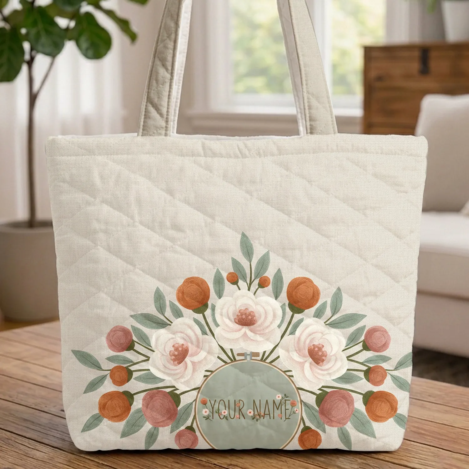 Felt Flowers Petals Buds Leaves Hoop - Home Decor Gift Quilted Tote Bag - 1
