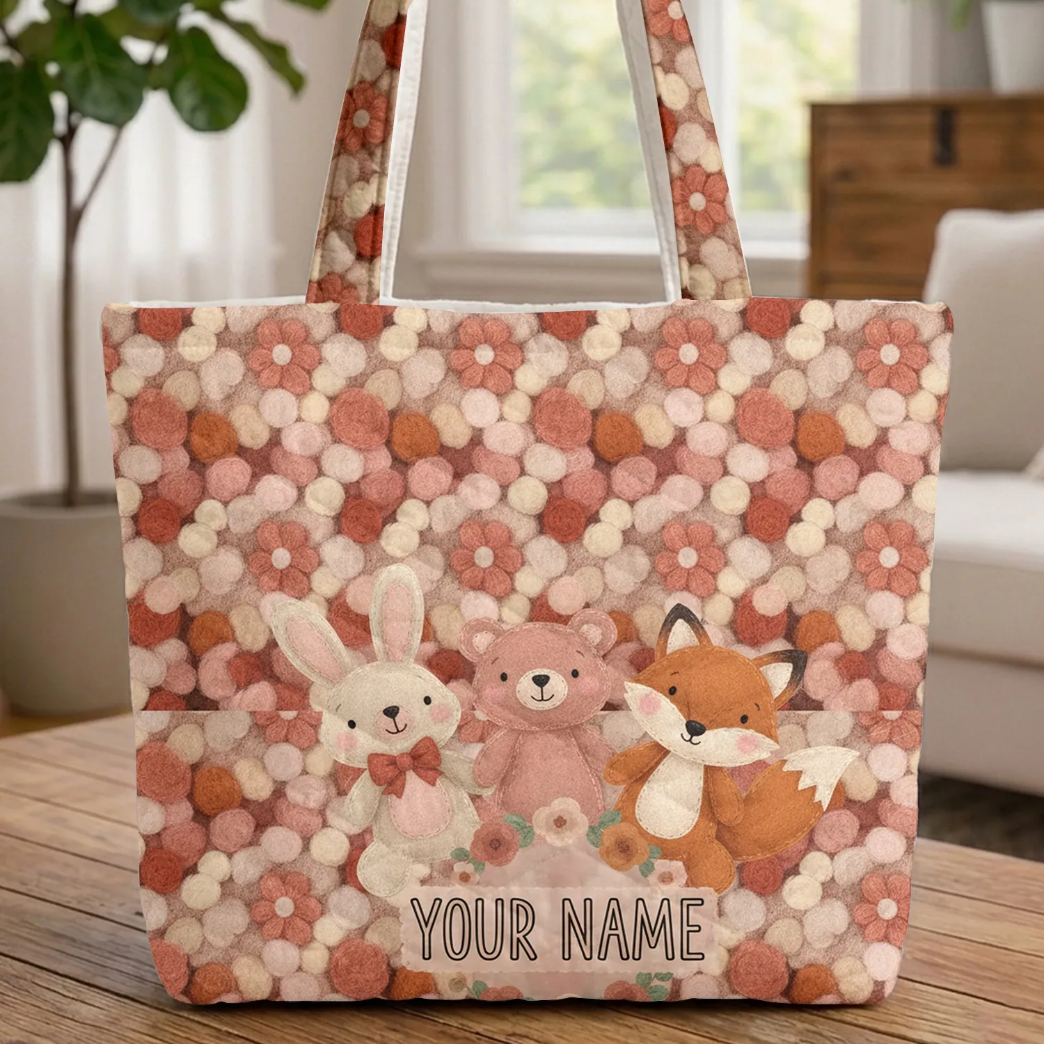 Felt Bunny Bear Fox Pom-Poms Floral Wreath - Personalized Everyday Gift for Kids Quilted Tote Bag - 1