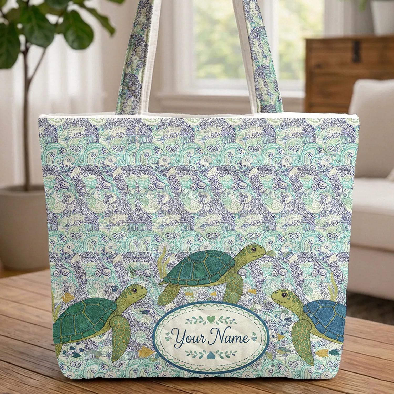 Sea Turtles Swirling Waves Bubbles Heart Leaf Medallion Your Name - Ocean Life Gift Quilted Tote Bag - 1