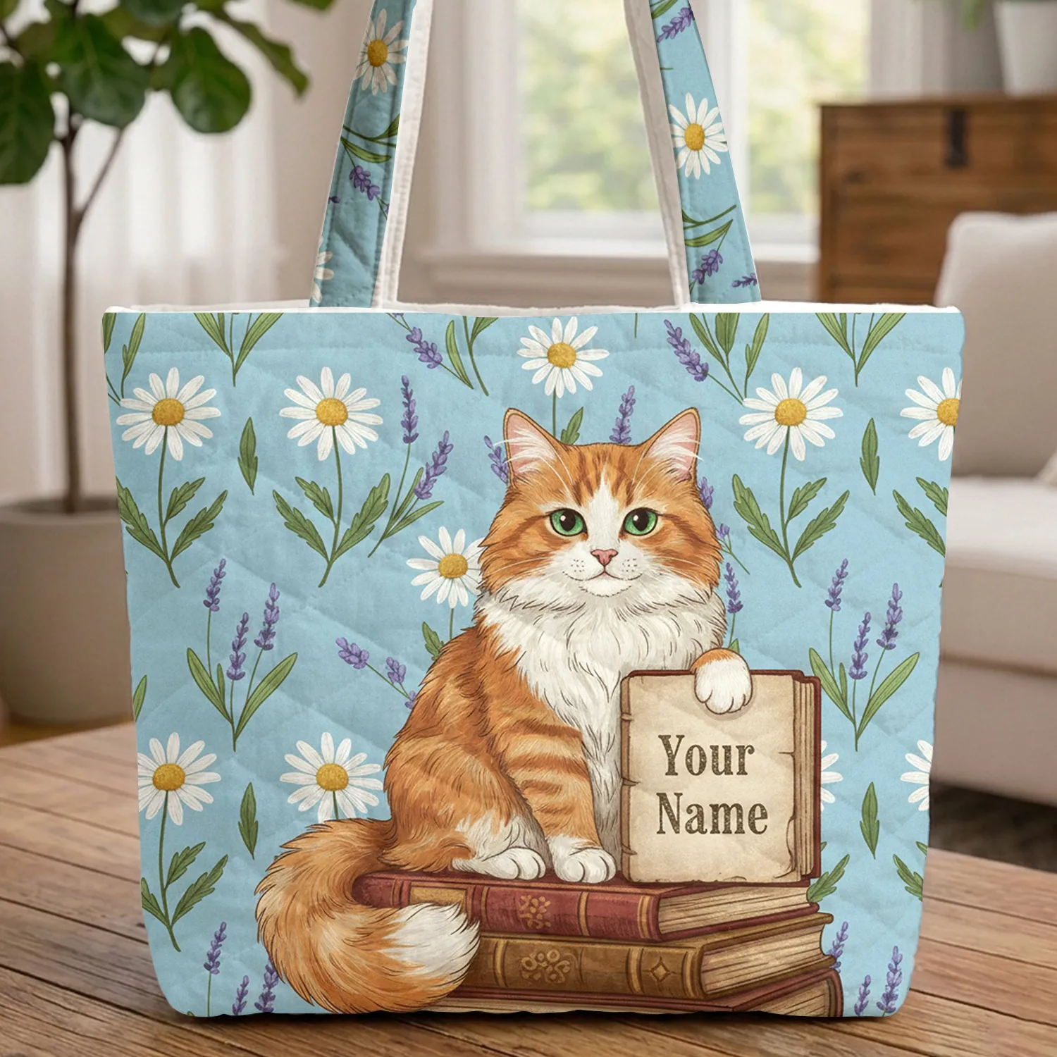 Ginger Cat with Open Journal Antique Books Wild Daisies Lavender Scene - Everyday Tote Quilted Tote Bag - 1