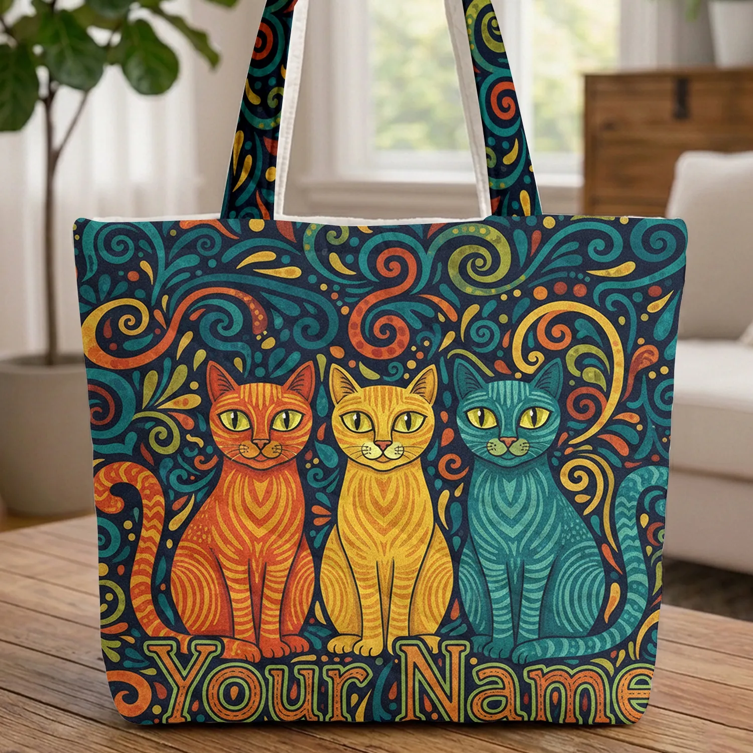 Stained Glass Cats Swirling Organic Forms - Cat Lover Everyday Gift Quilted Tote Bag - 1