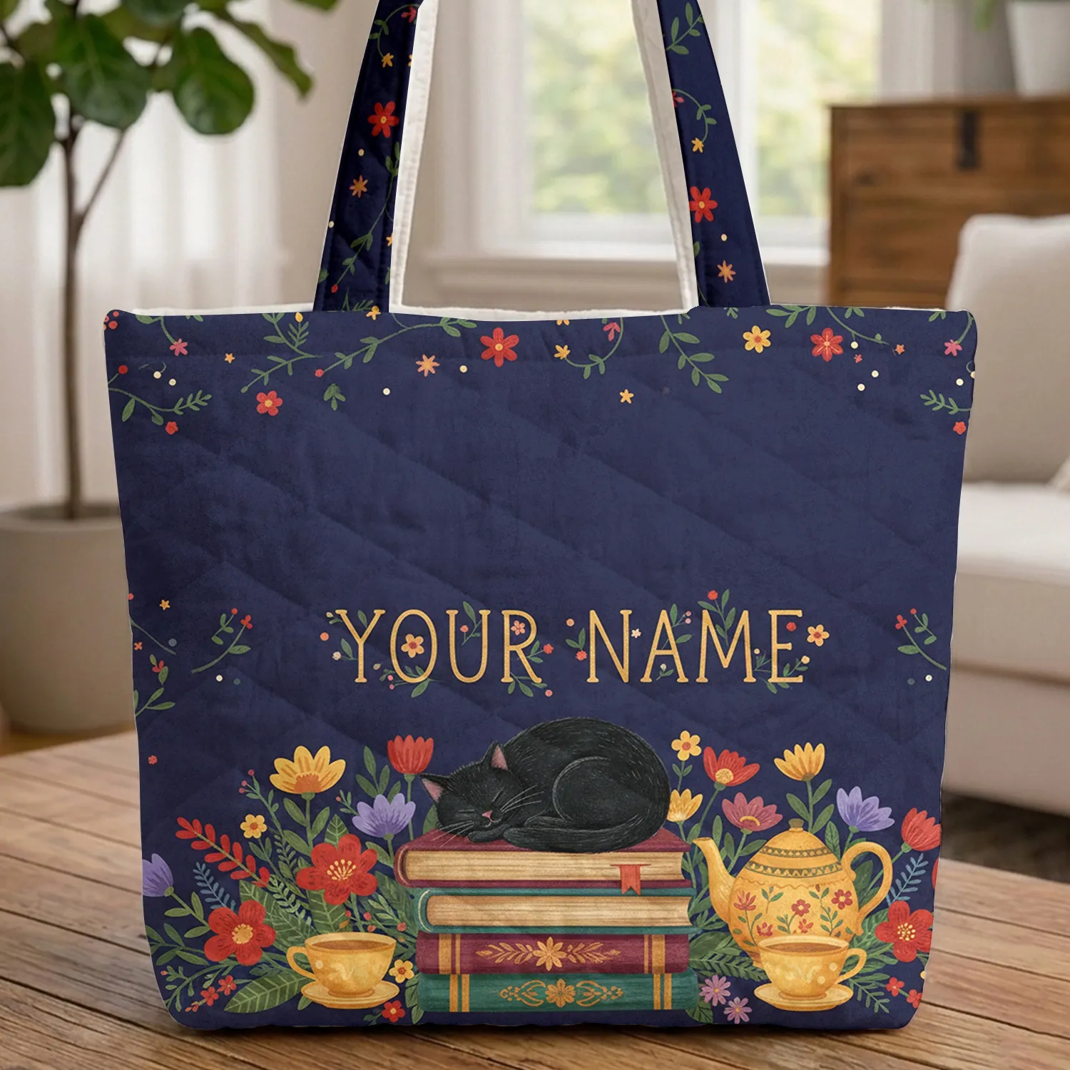Sleeping Black Cat Vintage Books Garden Flowers - Cat Lover Gift Quilted Tote Bag - 1