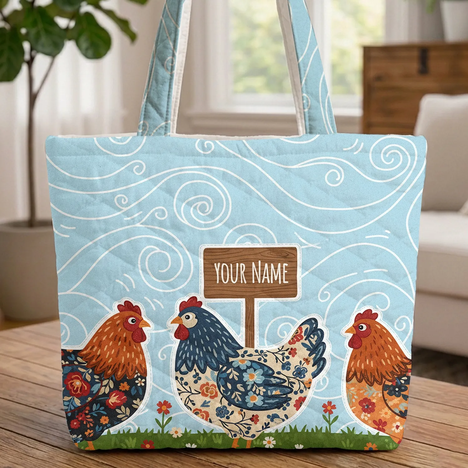 Three Farm Chickens Wooden Sign Wildflowers - Farmhouse Decor Gift for Animal Lover Quilted Tote Bag - 1