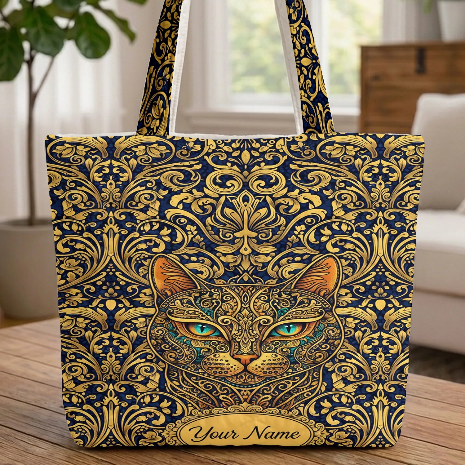 Ornate Cat Face Swirling Gold Botanical Leaves - Cat Lover Everyday Gift Quilted Tote Bag - 1