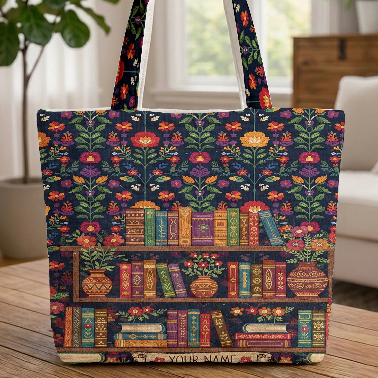 Folk Art Floral Bookshelves Books Vases Personalized Name - Everyday Reading Gift Quilted Tote Bag - 1