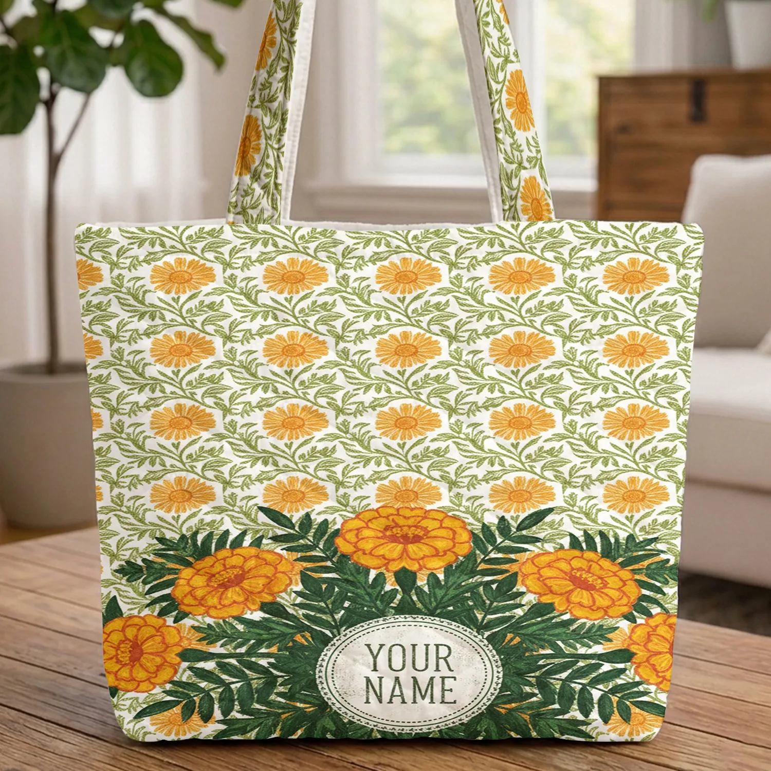 Ornate Marigold Floral Name Circle with Lush Green Foliage - Everyday Tote Gift Quilted Tote Bag - 1