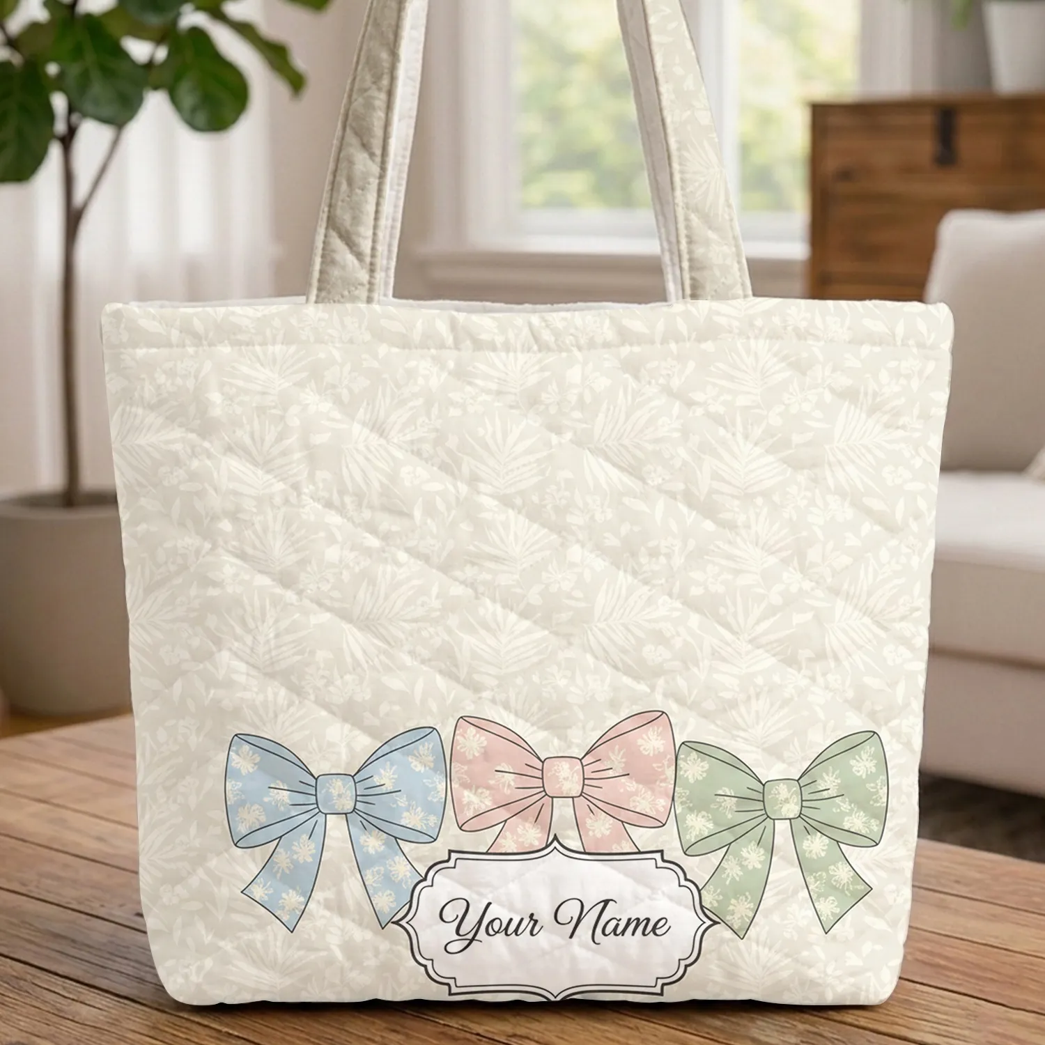 Cream White Palm Frond Name Plaque Light Blue Pink Green Floral Bows - Everyday Use Gift Quilted Tote Bag - 1