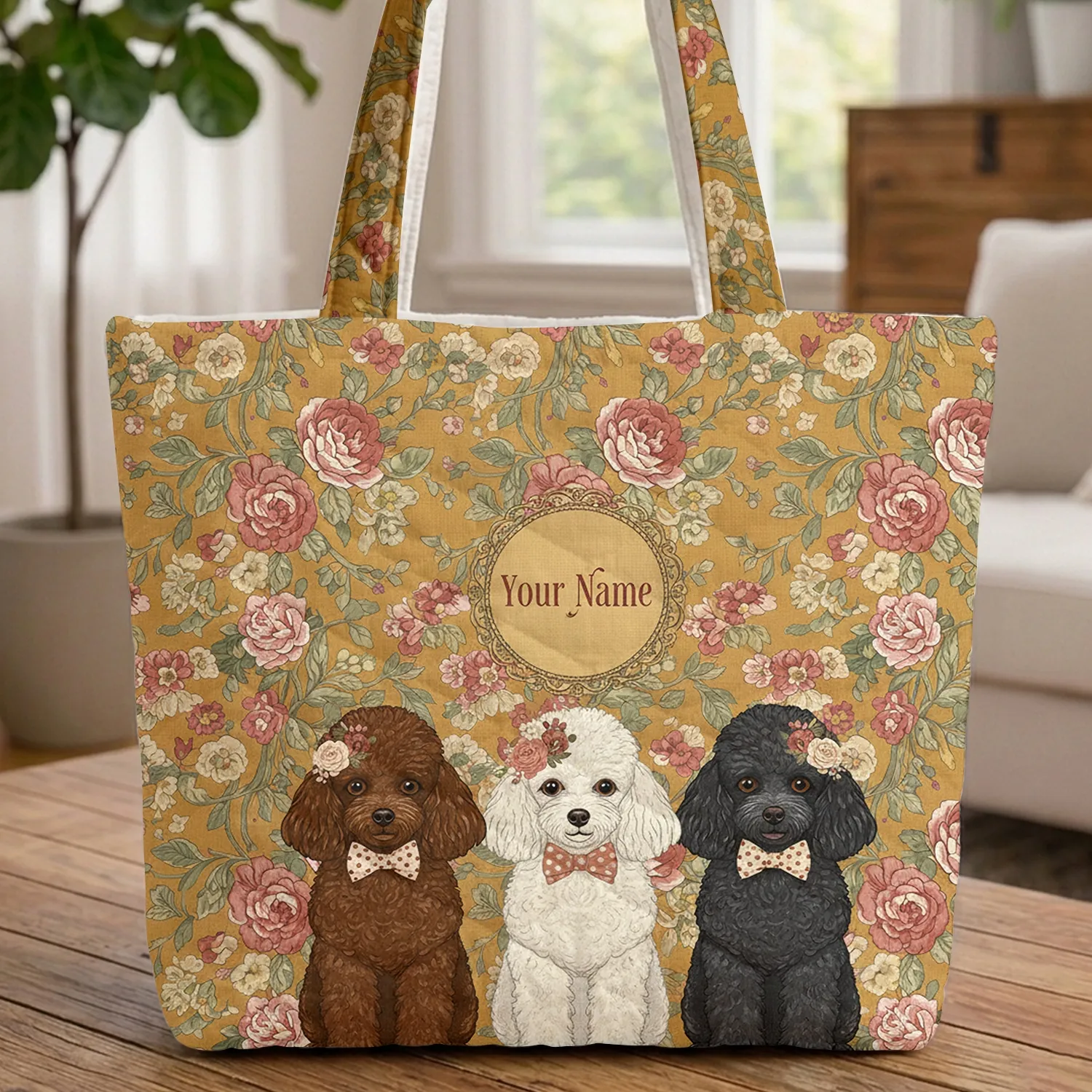 Poodle Floral Headpiece Roses Small Blossoms - Dog Lover Everyday Carry Quilted Tote Bag - 1