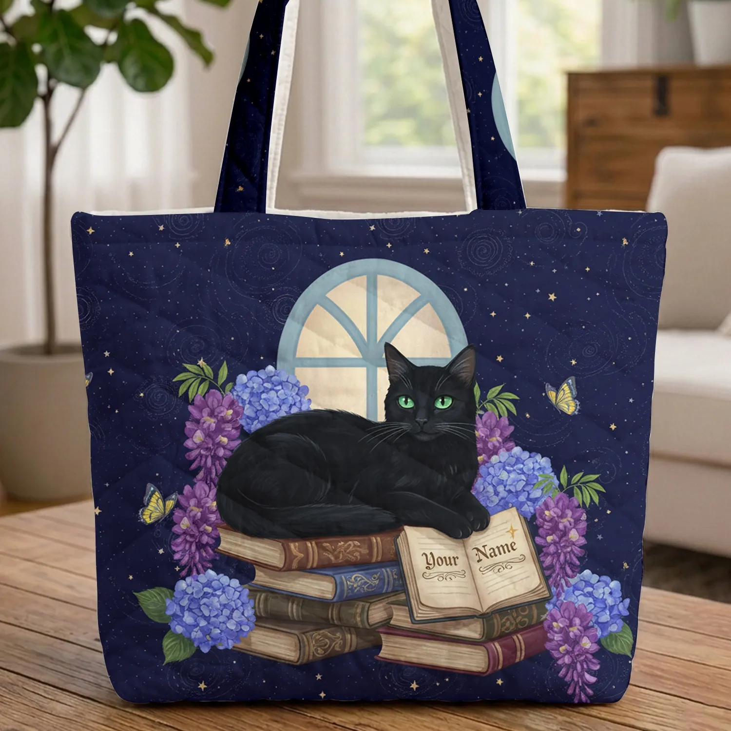 Black Cat Bookshelf Starry Sky Wisteria Hydrangea Cat Lover Home Decor Gift Quilted Tote Bag - 1