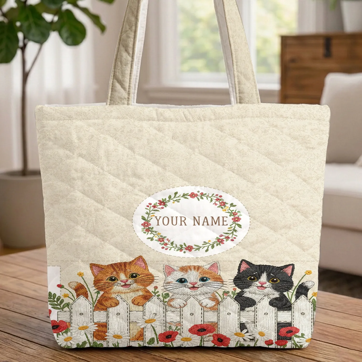 Personalized Three Kittens Picket Fence Garden Floral Wreath - Cat Lover Gift Quilted Tote Bag - 1