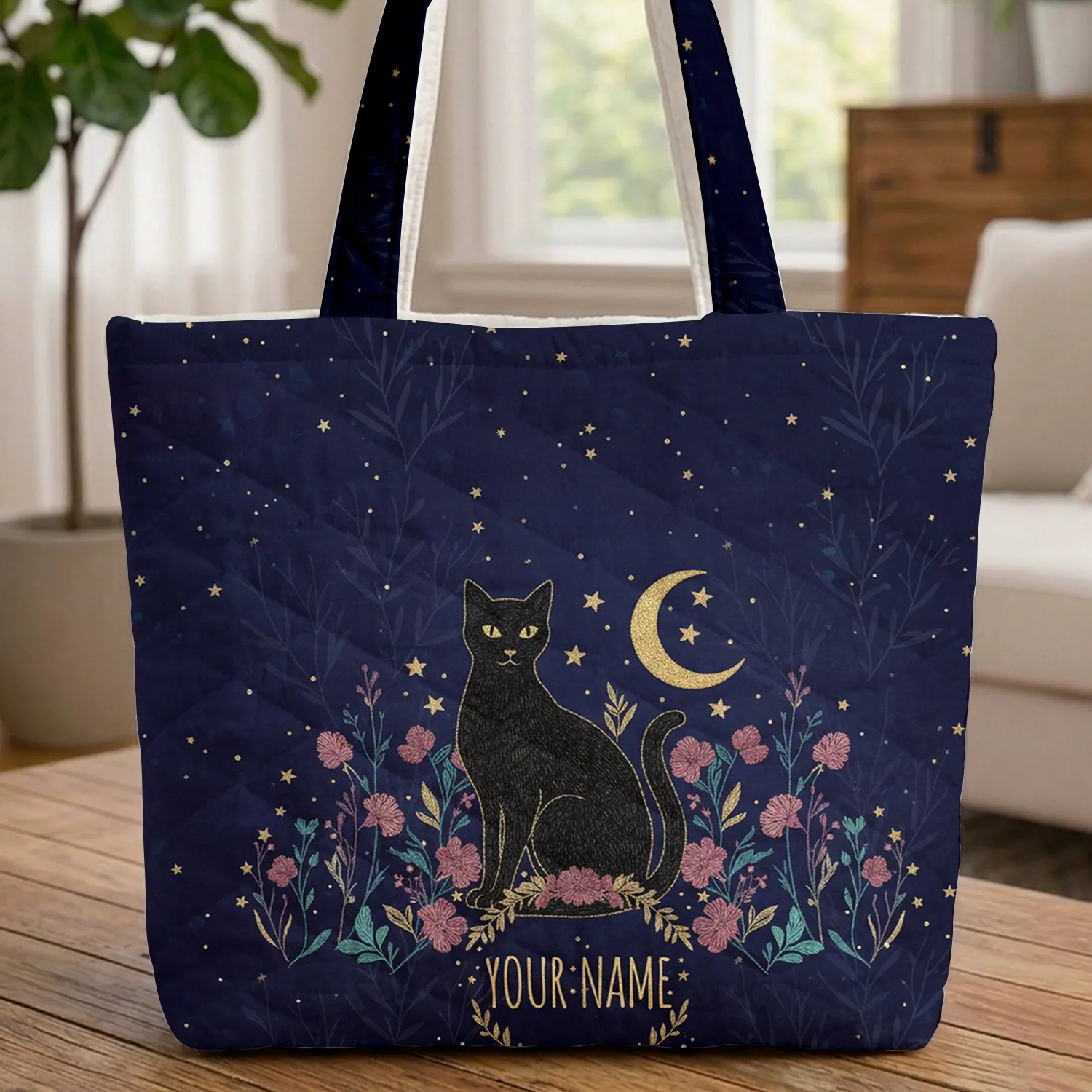 Black Cat Wildflowers Golden Moon Night Sky Floral Wreath - Everyday Carry Gift Quilted Tote Bag - 1