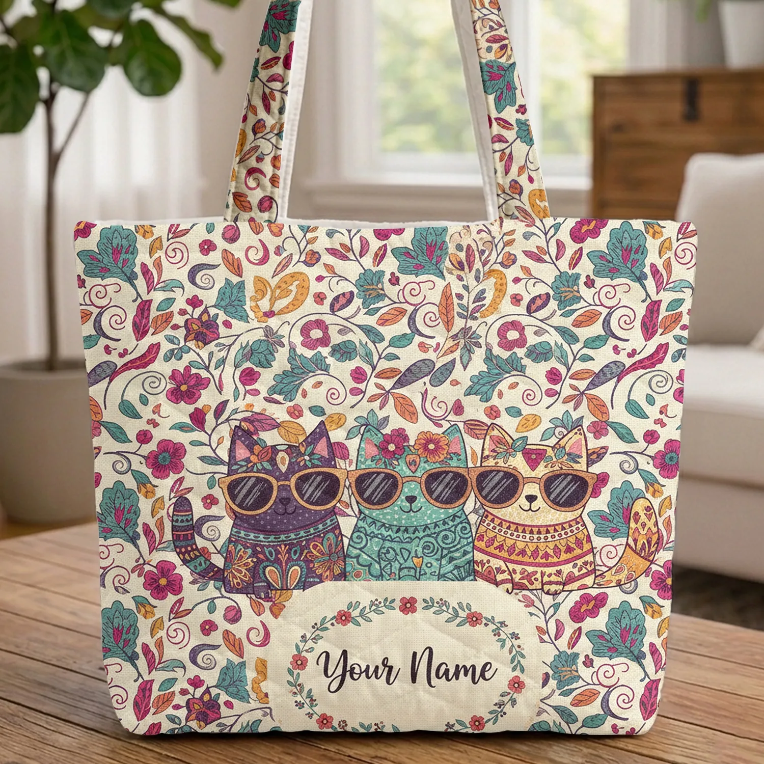 Retro Sunglasses Cats Botanical Floral Wreath - Everyday Tote Cat Lover Gift Quilted Tote Bag - 1