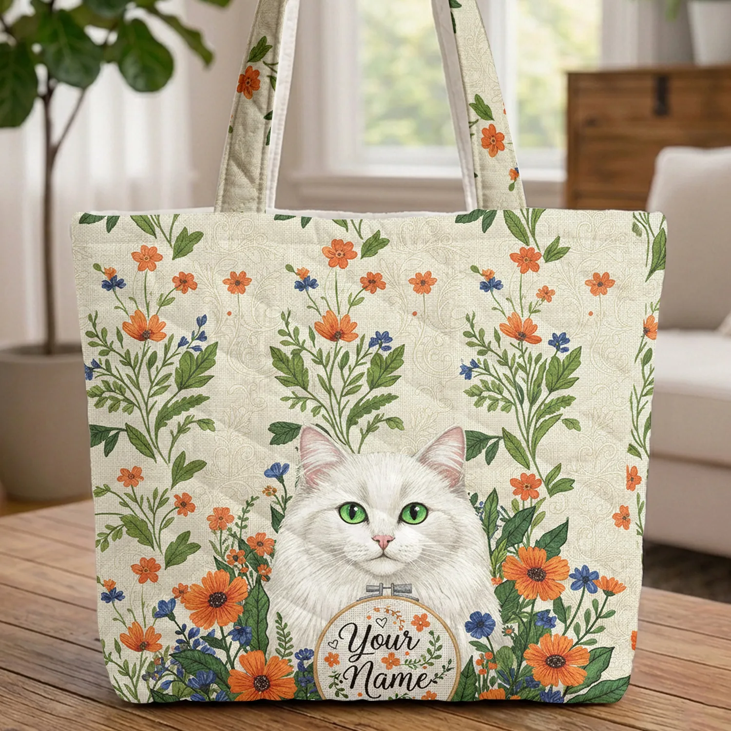 Cat Wildflowers Scrolling Floral Personalized Hoop - Everyday Gift for Cat Lover Quilted Tote Bag - 1