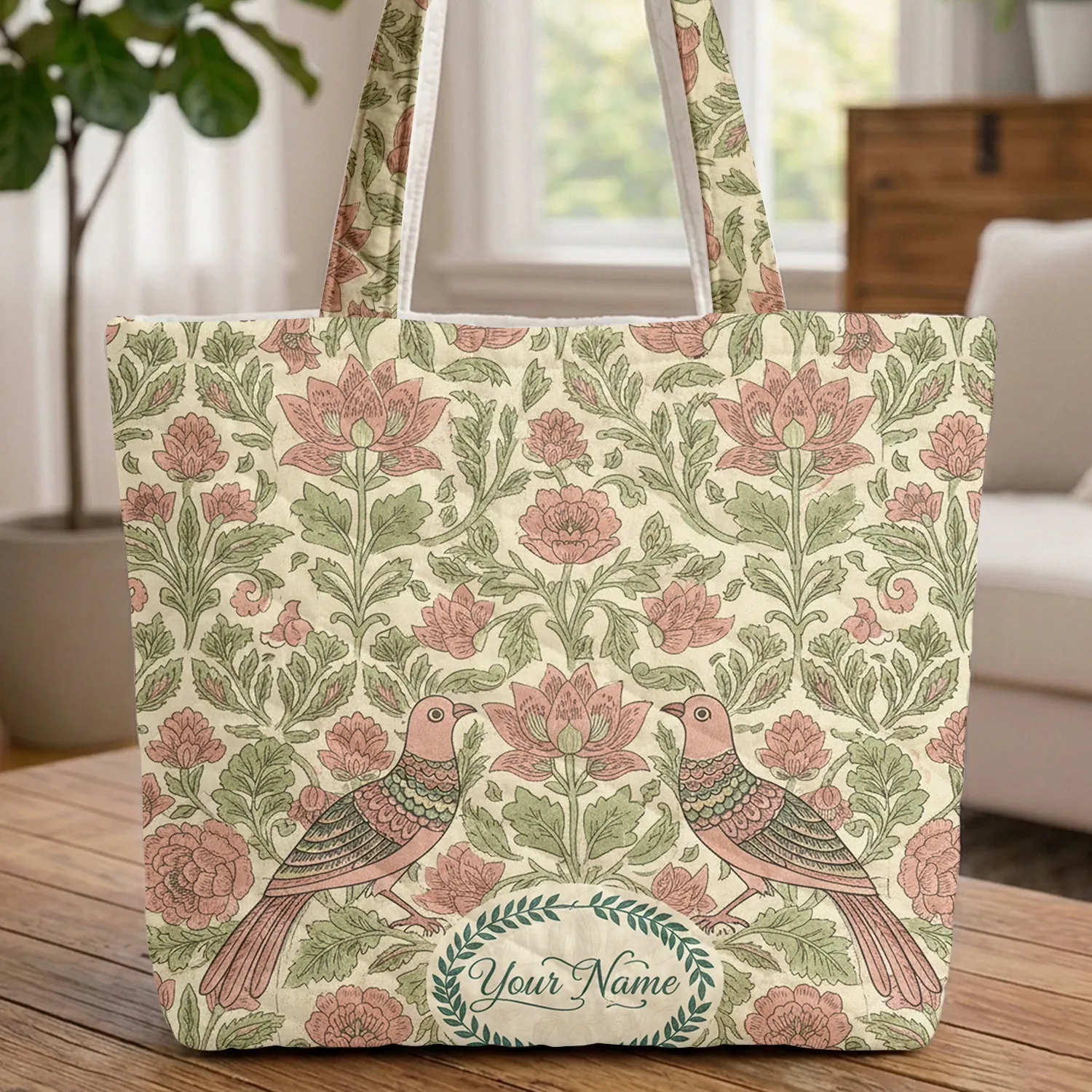 Exotic Birds Indian Lotus Floral Botanical Personalized - Everyday Carryall Gift Quilted Tote Bag - 1