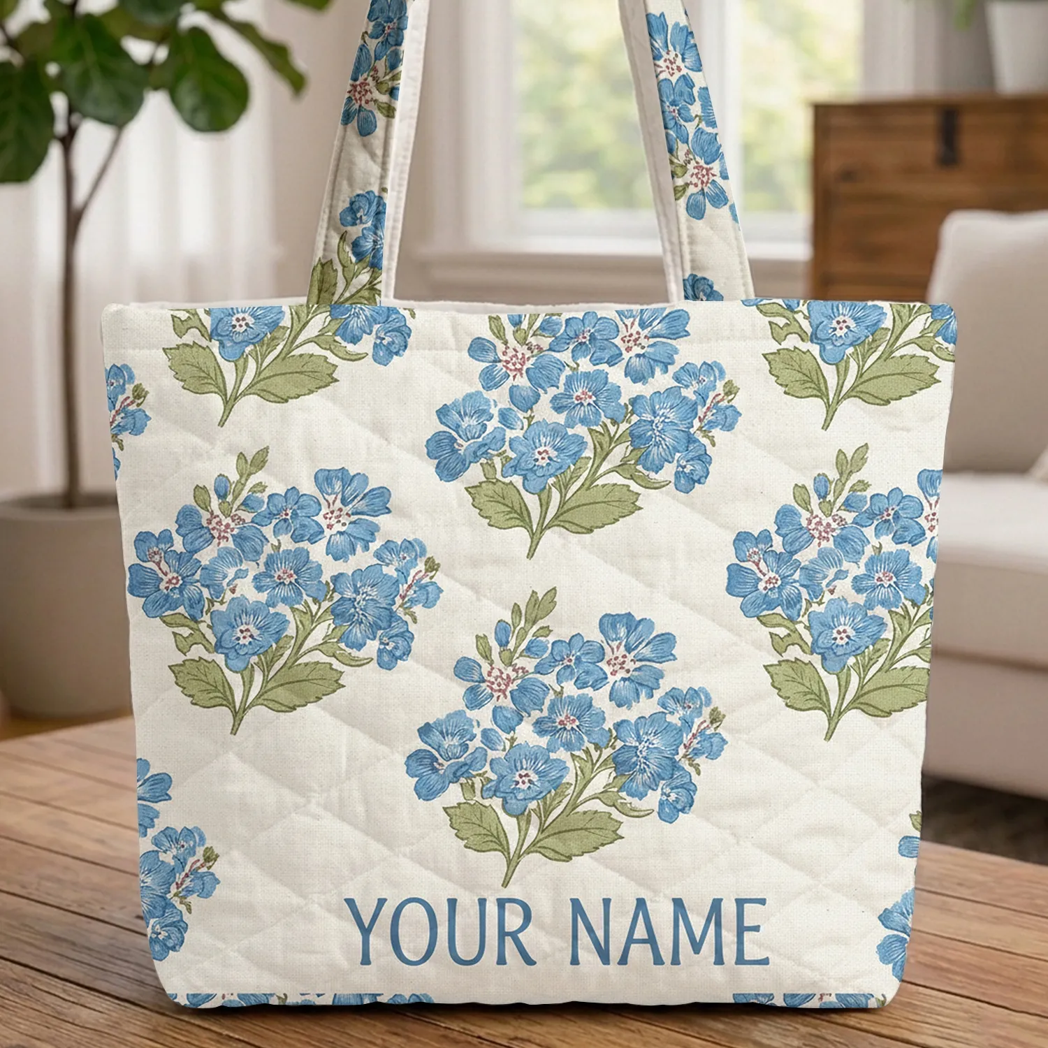Blue Botanical Flower Clusters Sage Green Leaves - Everyday Essential Quilted Tote Bag - 1