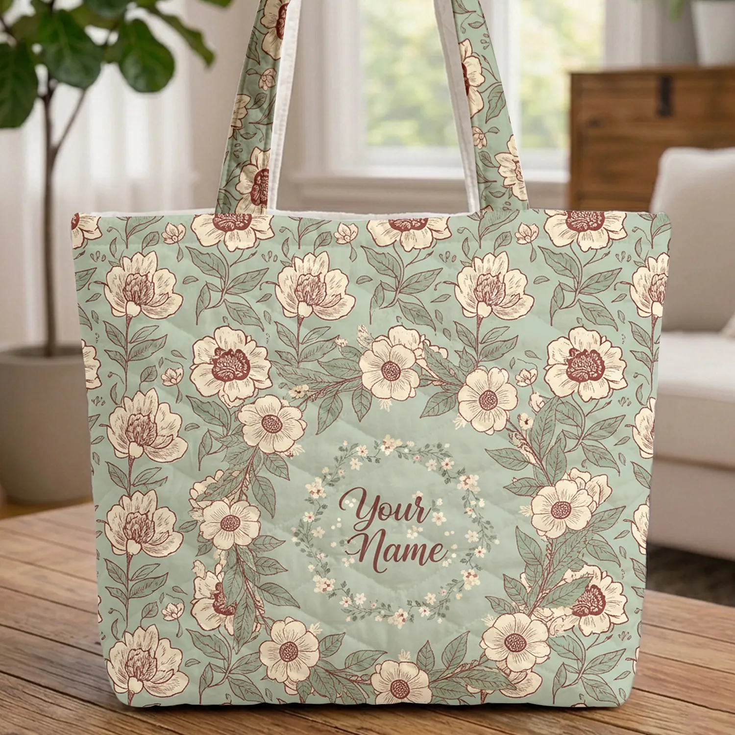 Personalized Floral Name Wreath - Rustic Country Style Gift for Her Quilted Tote Bag - 1