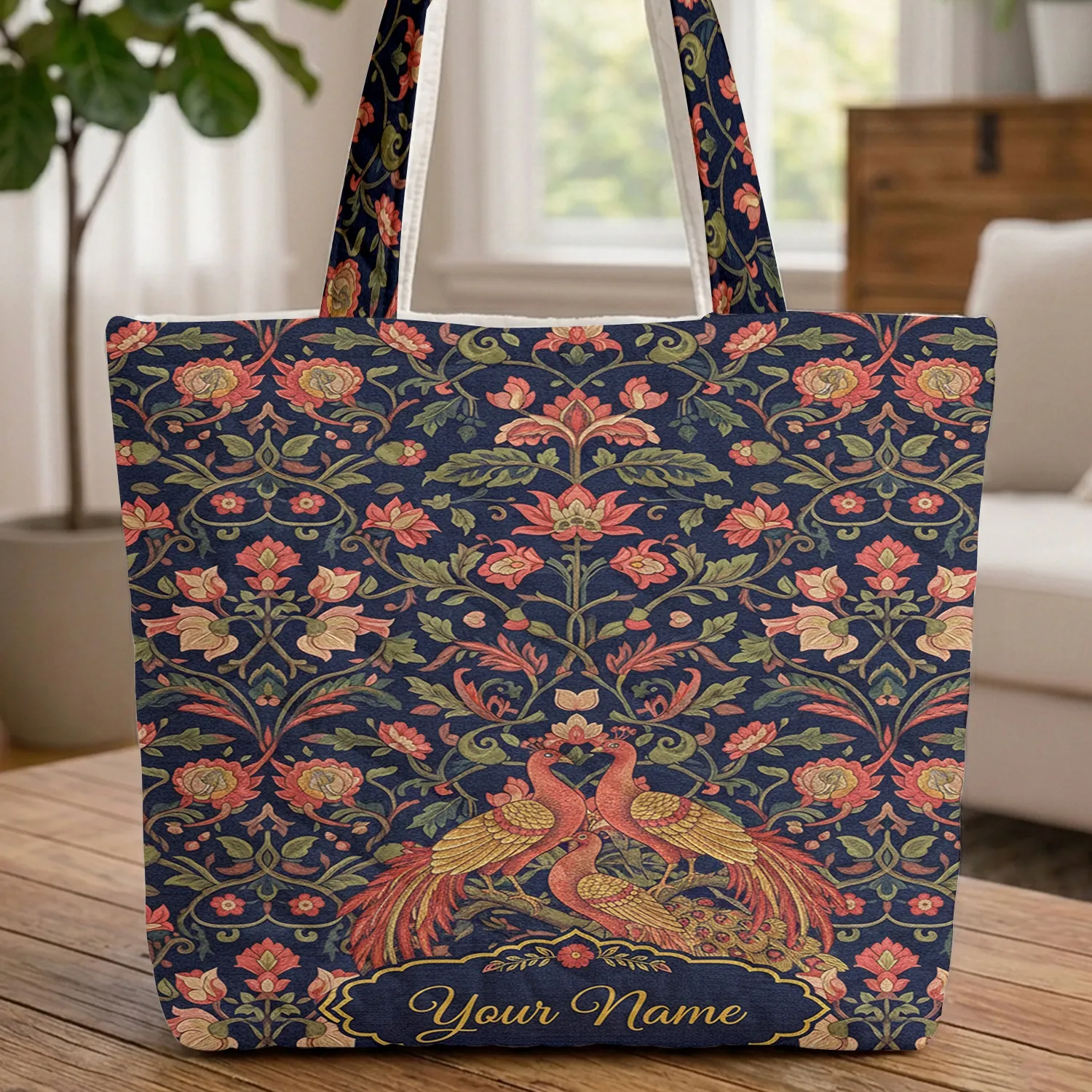 Ornate Pheasants Botanical Birds Personalized Name - Wildlife Lover Gift Quilted Tote Bag - 1