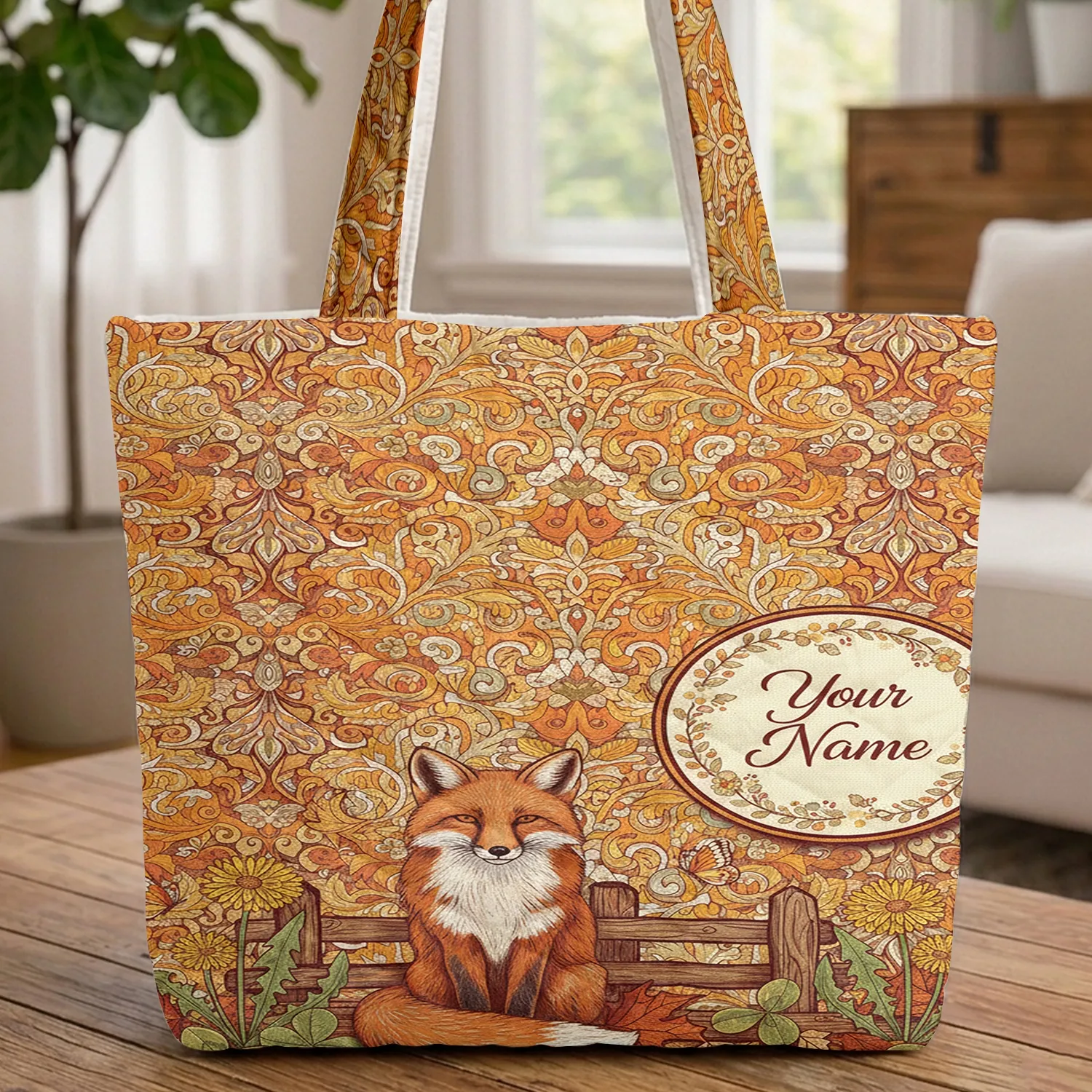 Red Fox Botanical Floral Name - Autumn Wildlife Decor Gift Quilted Tote Bag - 1