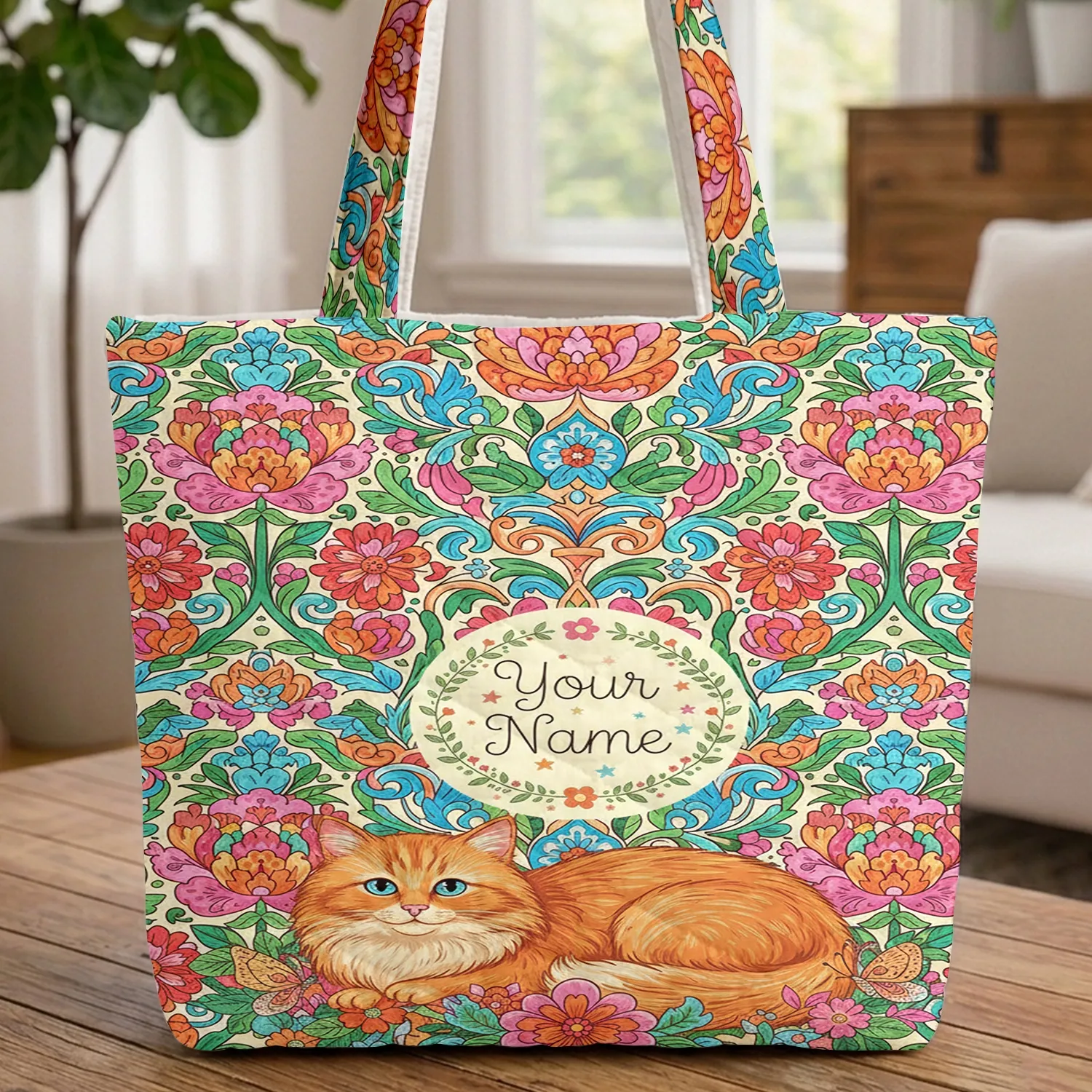 Ginger Cat Blooming Peonies Chrysanthemums Floral Wreath - Cat Lover Gift Quilted Tote Bag - 1