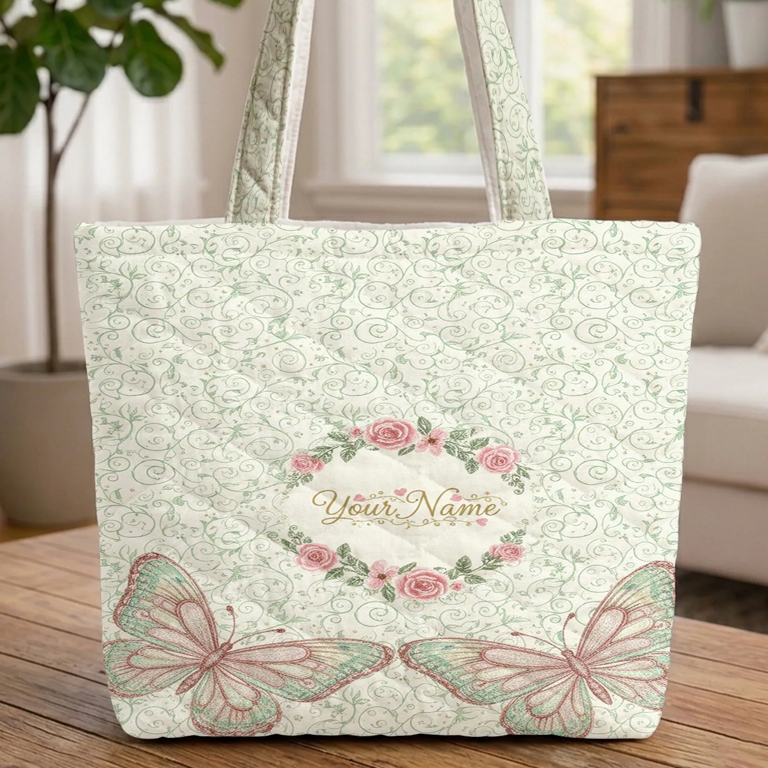 Ornate Iridescent Butterflies Floral Vine Wild Roses - Everyday Carry Gift Quilted Tote Bag - 1