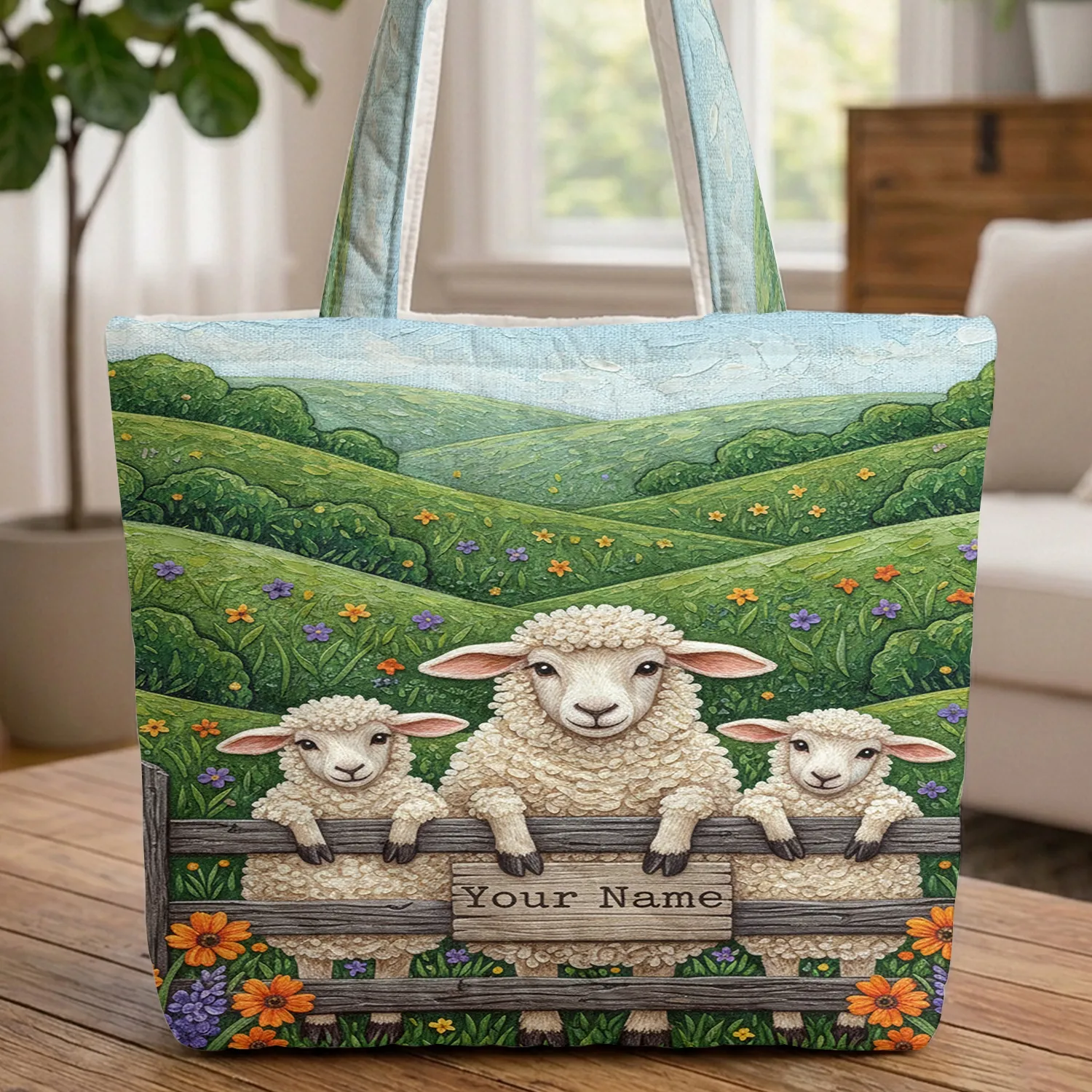 Adorable Sheep Lambs Wildflowers - Personalized Farmhouse Decor Gift Quilted Tote Bag - 1