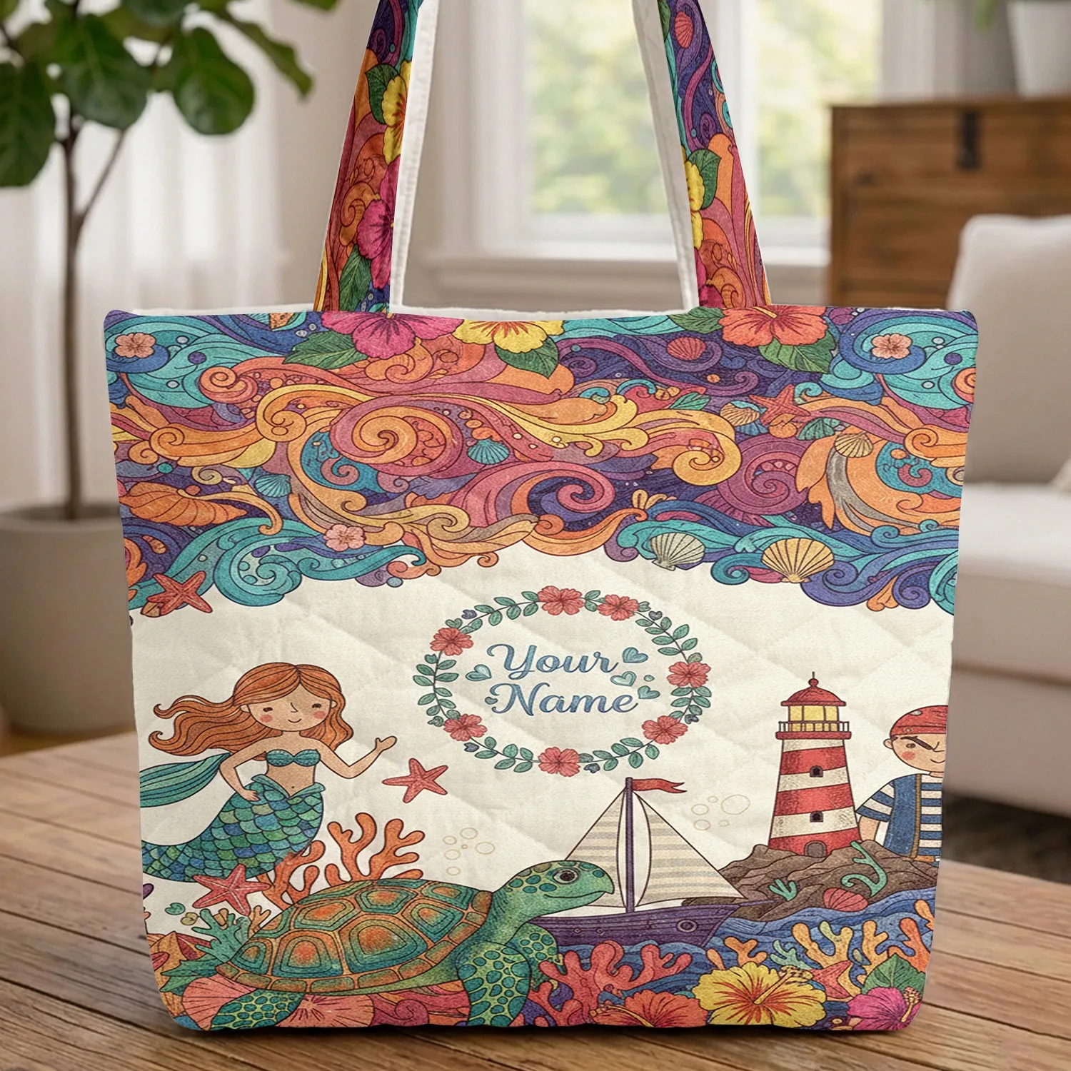Sea Turtle Sailboat Lighthouse Hibiscus Tropical Ocean - Ocean Lover Gift Quilted Tote Bag - 1