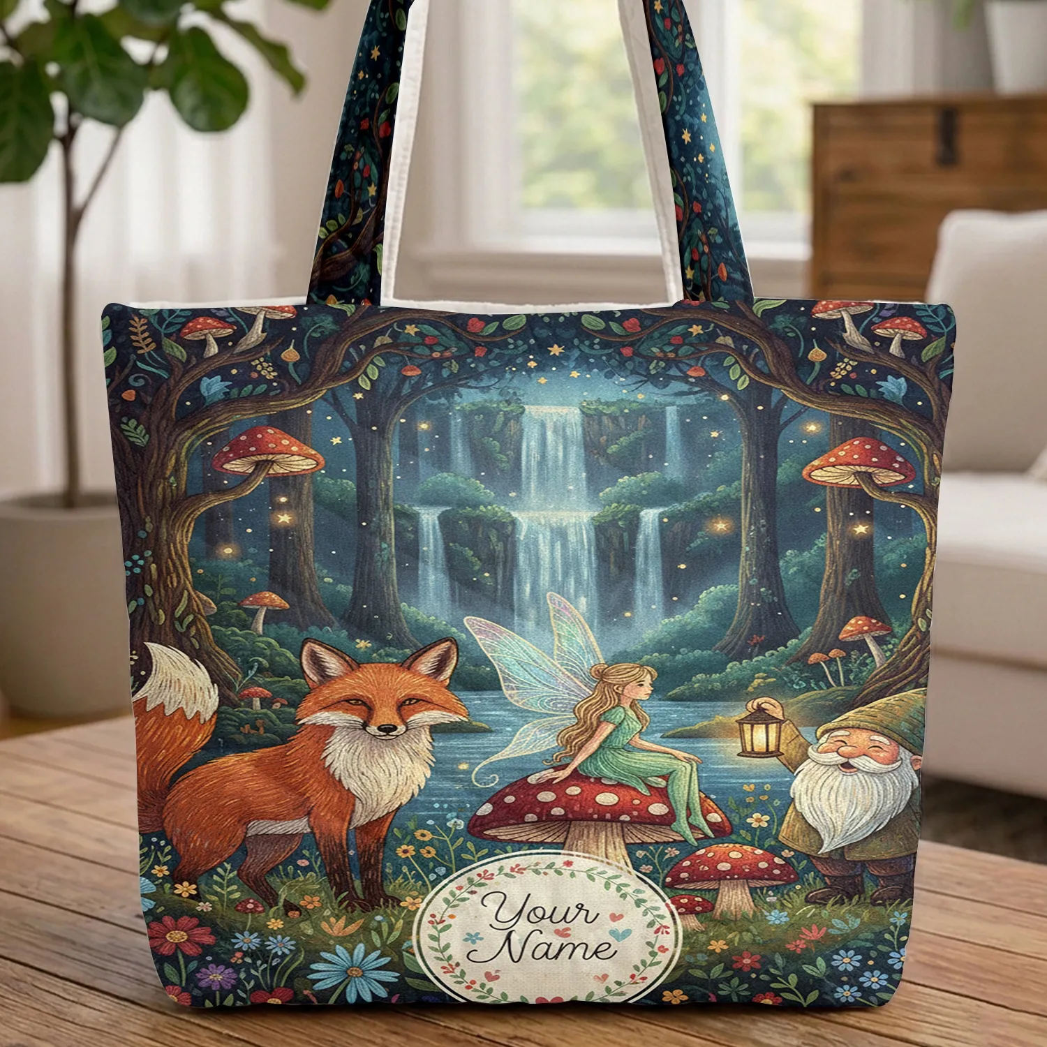 Forest Fox Fairy Gnome Wildflower Personalized - Storybook Fan Gift Quilted Tote Bag - 1
