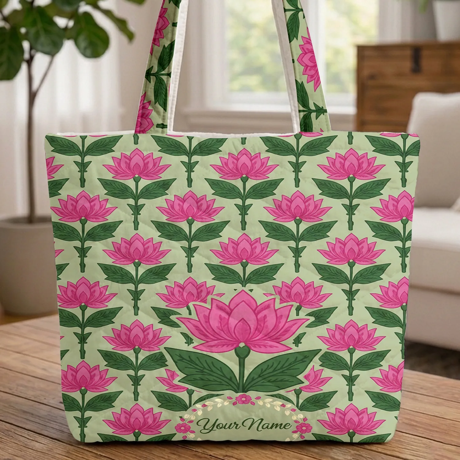 Botanical Ornate Lotus Bloom Green Foliage Floral Wreath Lotus Flowers Background Everyday Essentials Quilted Tote Bag - 1