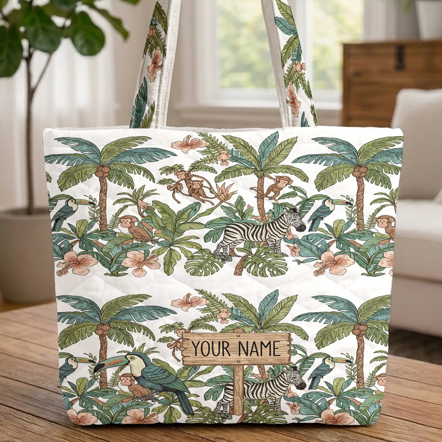 Jungle Animals Zebra Toucan Monkey Palm Tree - Personalized Wildlife Lover Gift Quilted Tote Bag - 1