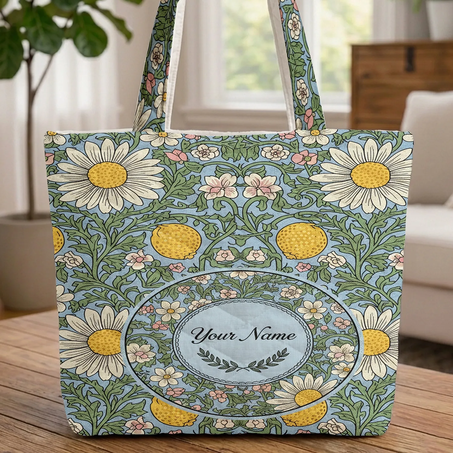 Personalized Botanical Daisies Fruits Vines - Everyday Carry Gift for Gardener Quilted Tote Bag - 1